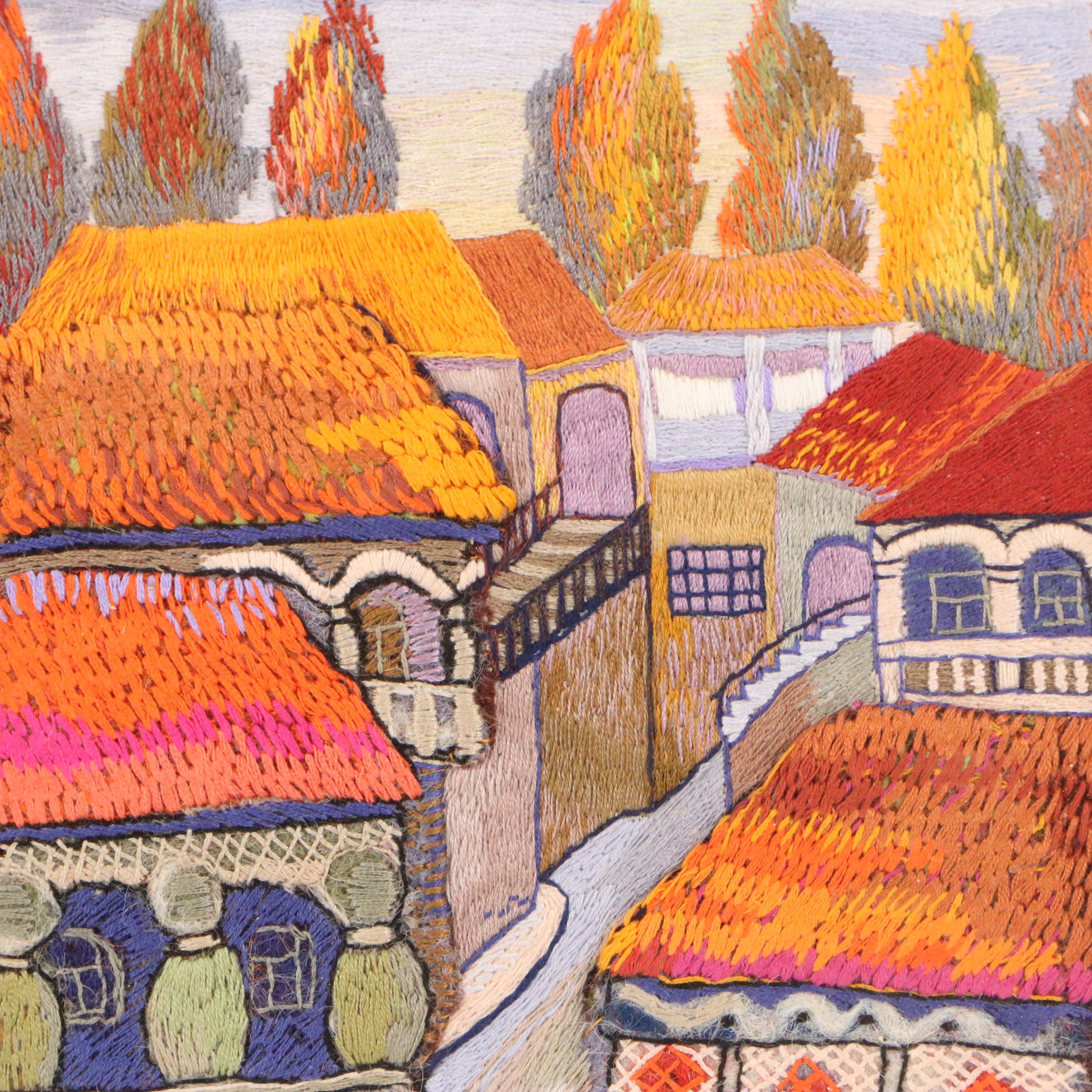 Thea Mamukelashvili Embroidered Fiber Art Landscape "Old City," 2019