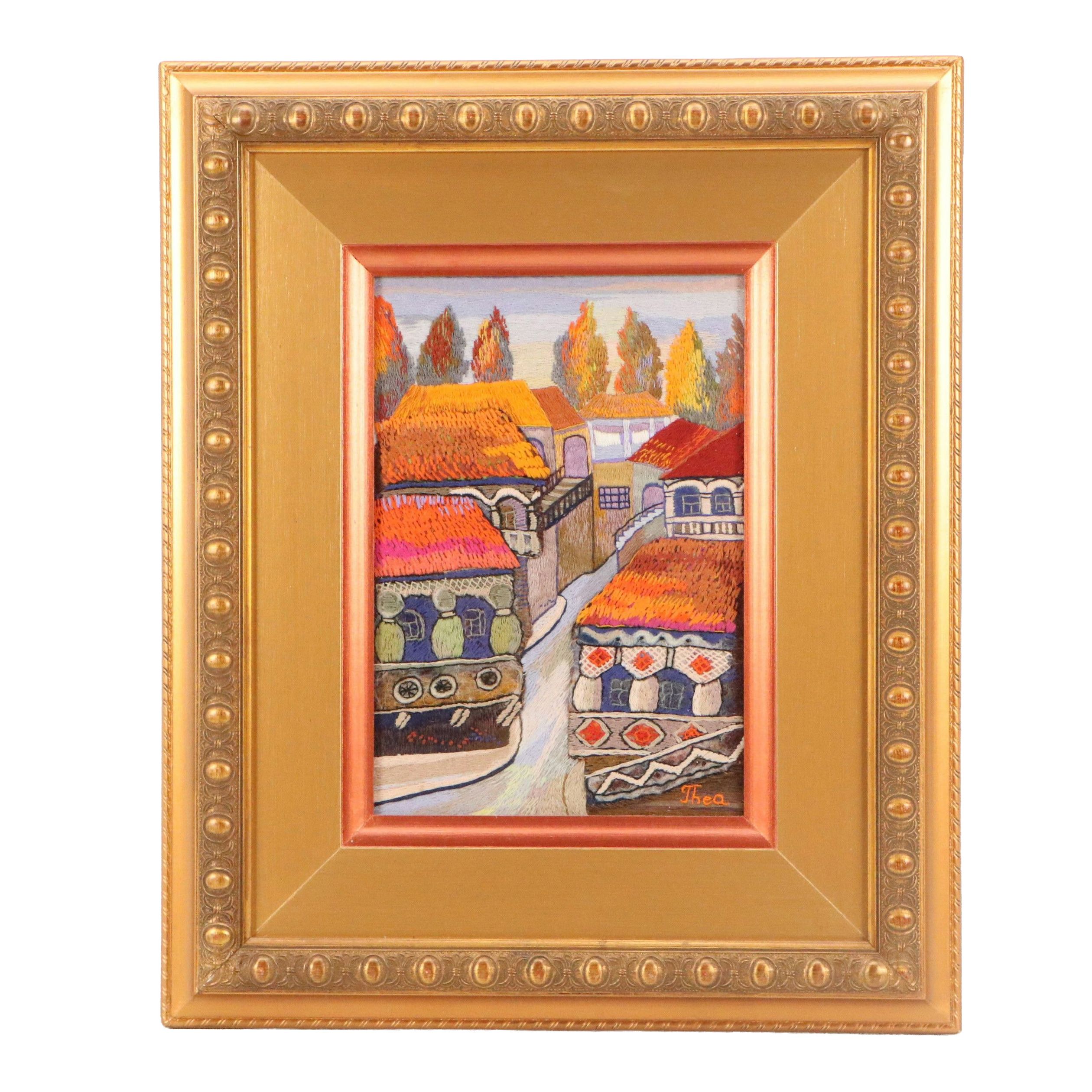 Thea Mamukelashvili Embroidered Fiber Art Landscape "Old City," 2019