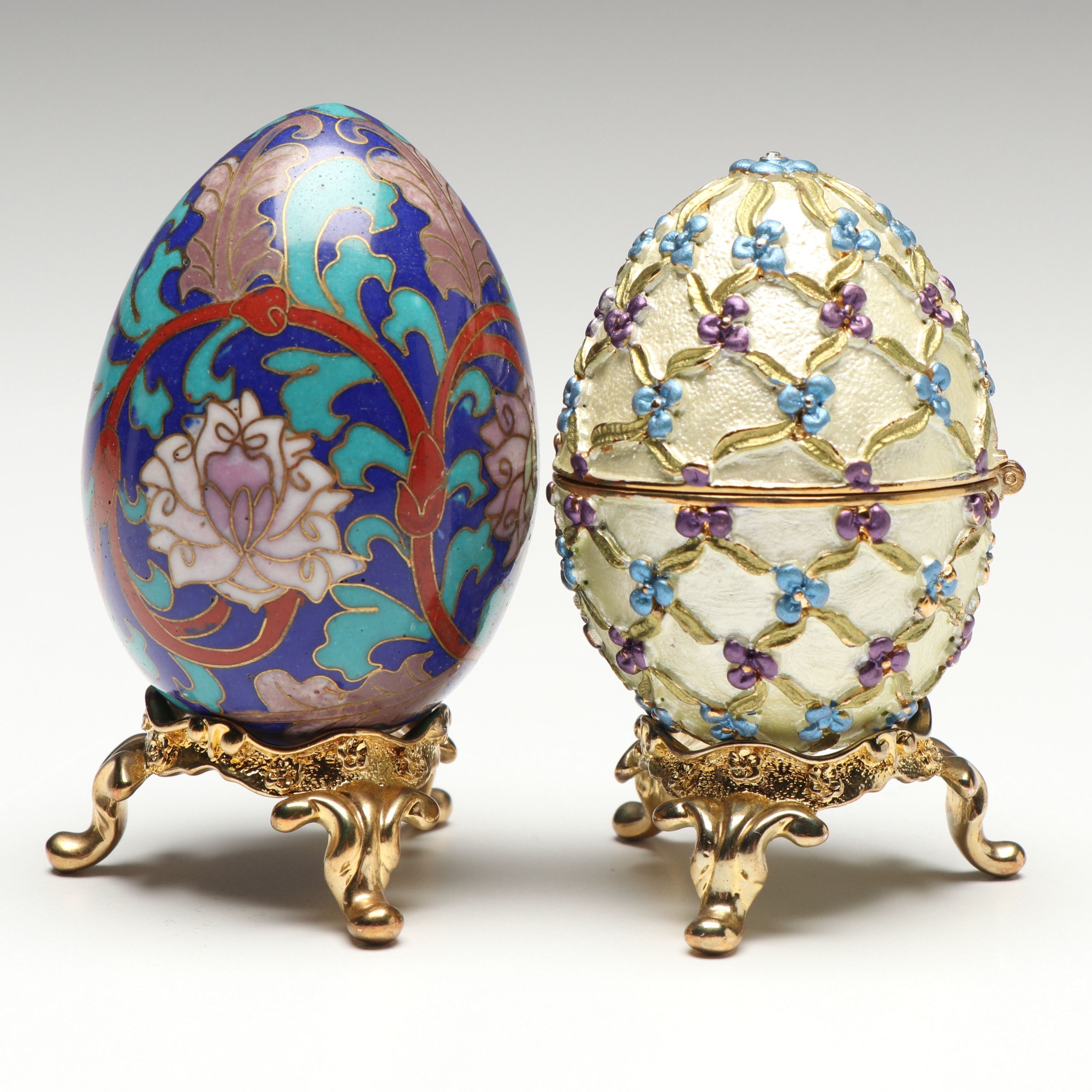 Cloisonné Egg and Other Enameled Egg Box with Ornate Gold Tone Stands