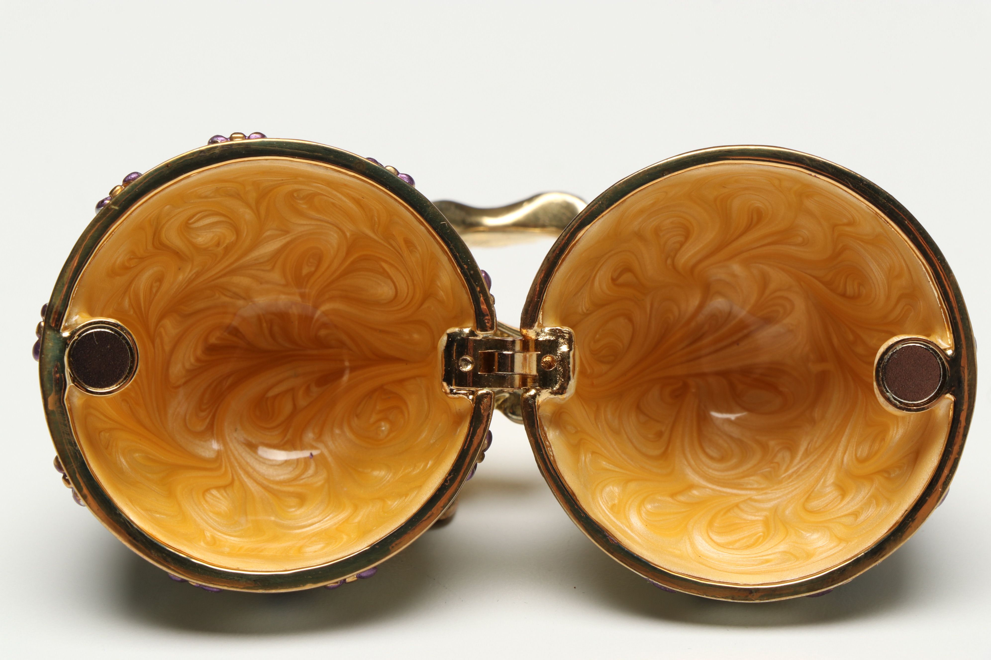 Cloisonné Egg and Other Enameled Egg Box with Ornate Gold Tone Stands