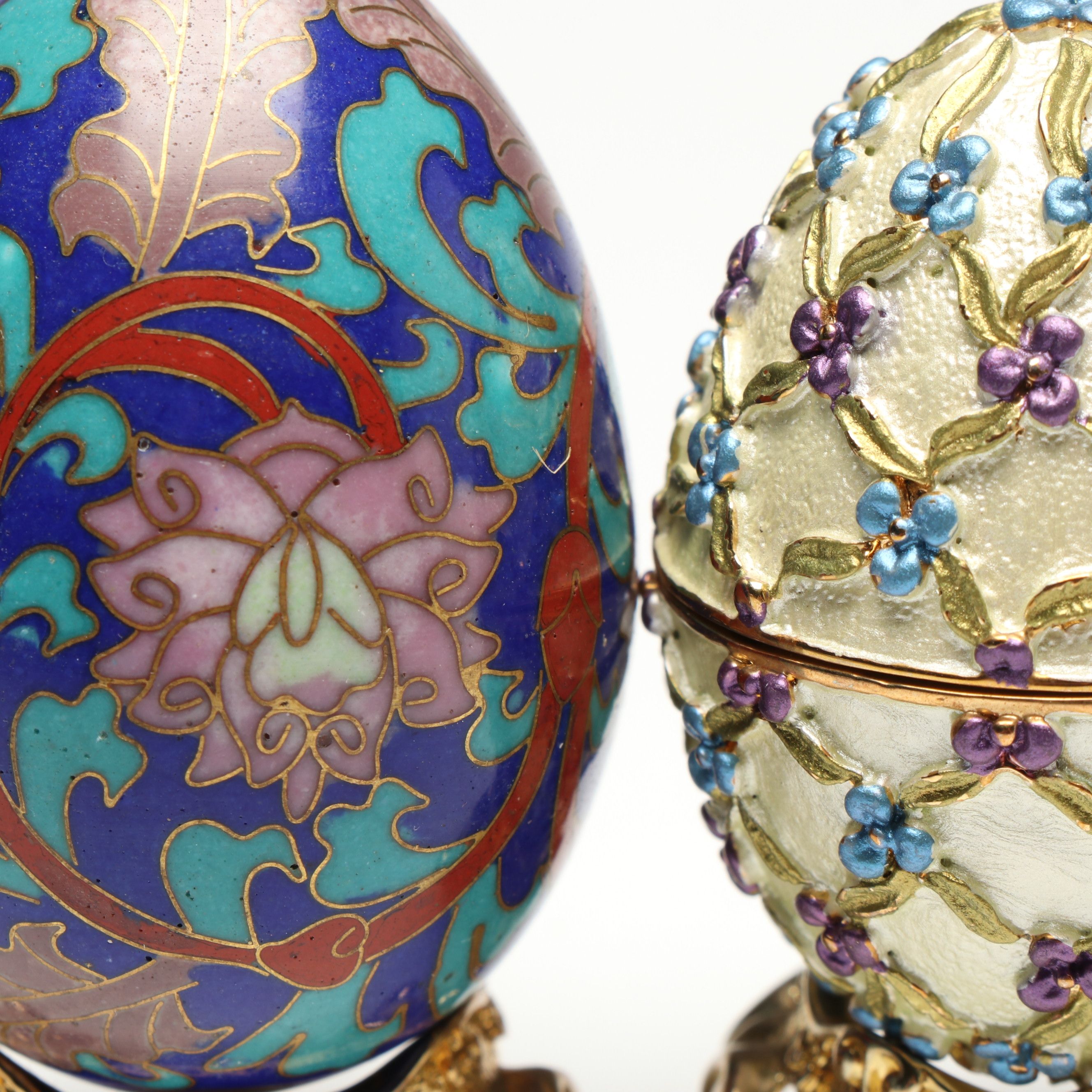 Cloisonné Egg and Other Enameled Egg Box with Ornate Gold Tone Stands