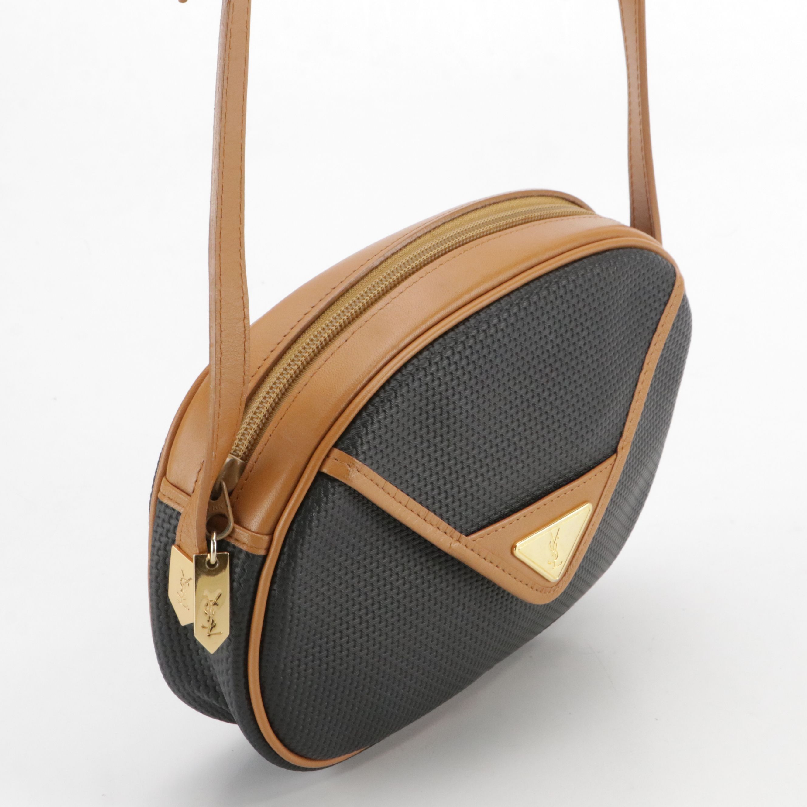Yves Saint Laurent Boston Weave Coated Canvas/Tan Leather Bag with Front Pocket