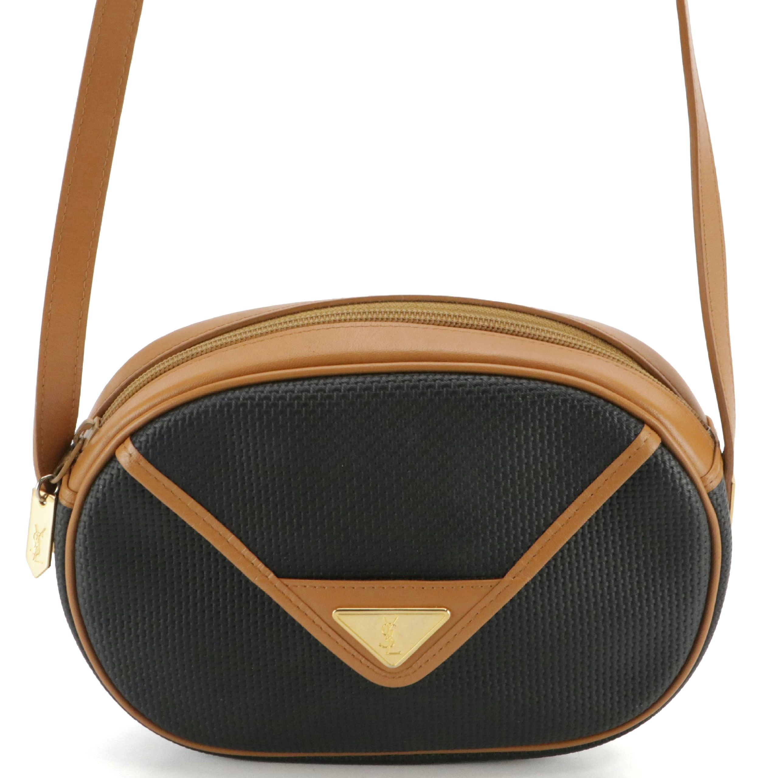 Yves Saint Laurent Boston Weave Coated Canvas/Tan Leather Bag with Front Pocket