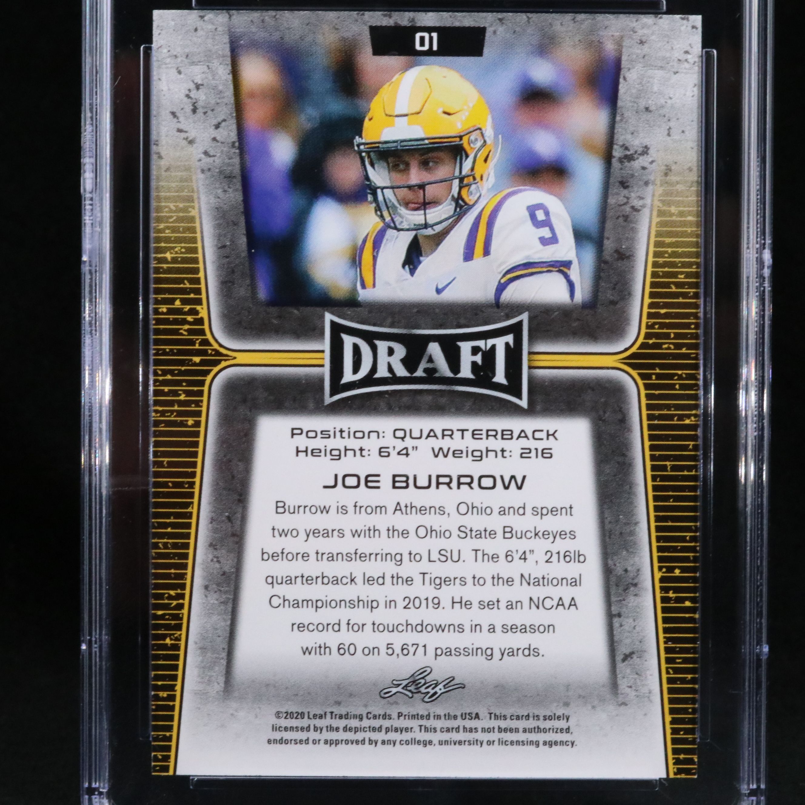 2020 Leaf Draft Joe Burrow Rookie Football Card Graded CGC 10