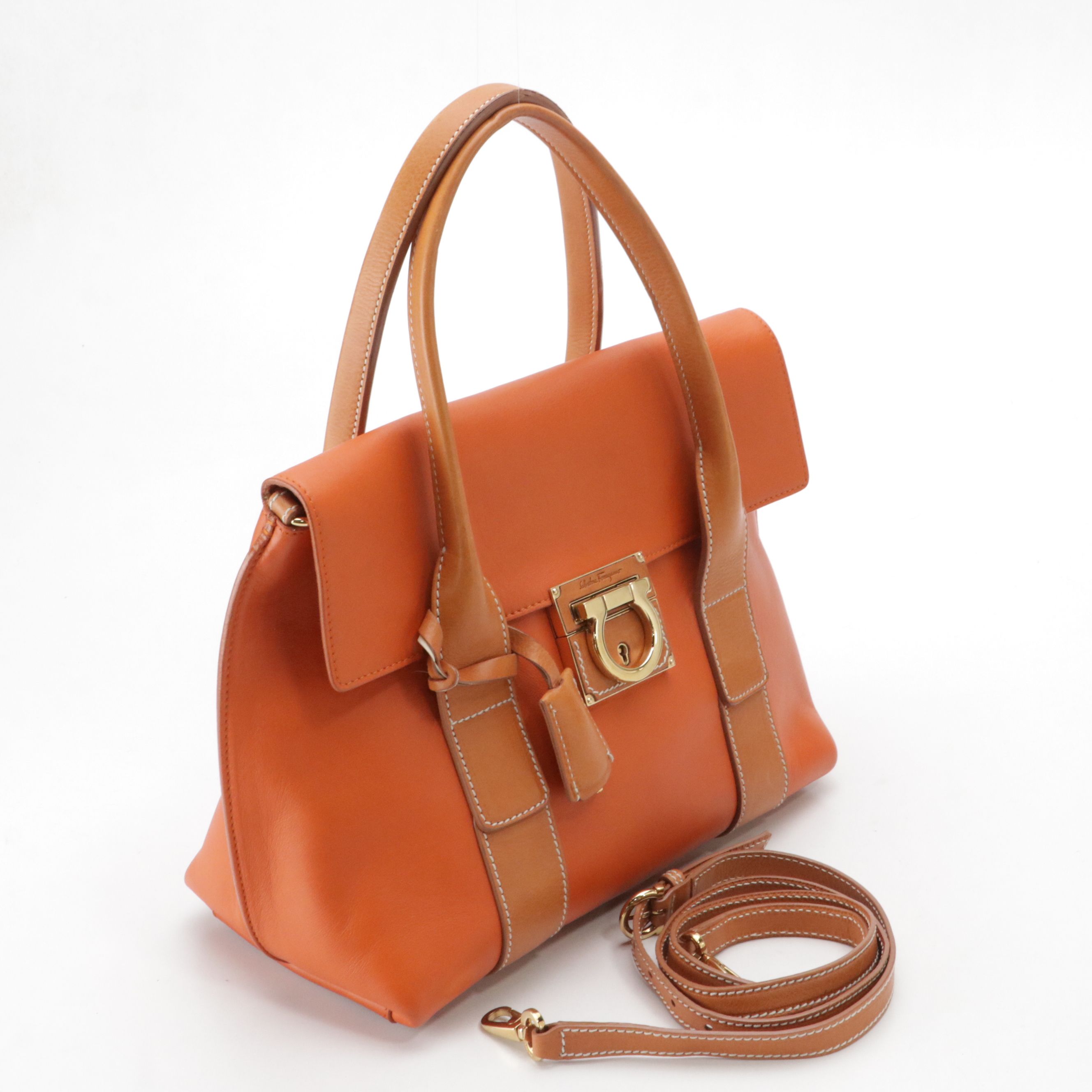 Salvatore Ferragamo Sookie Flap Satchel in Calendula/Tan Calfskin Leather