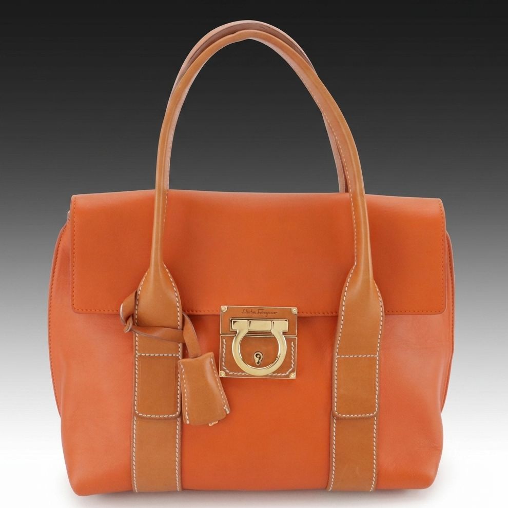 Salvatore Ferragamo Sookie Flap Satchel in Calendula/Tan Calfskin Leather