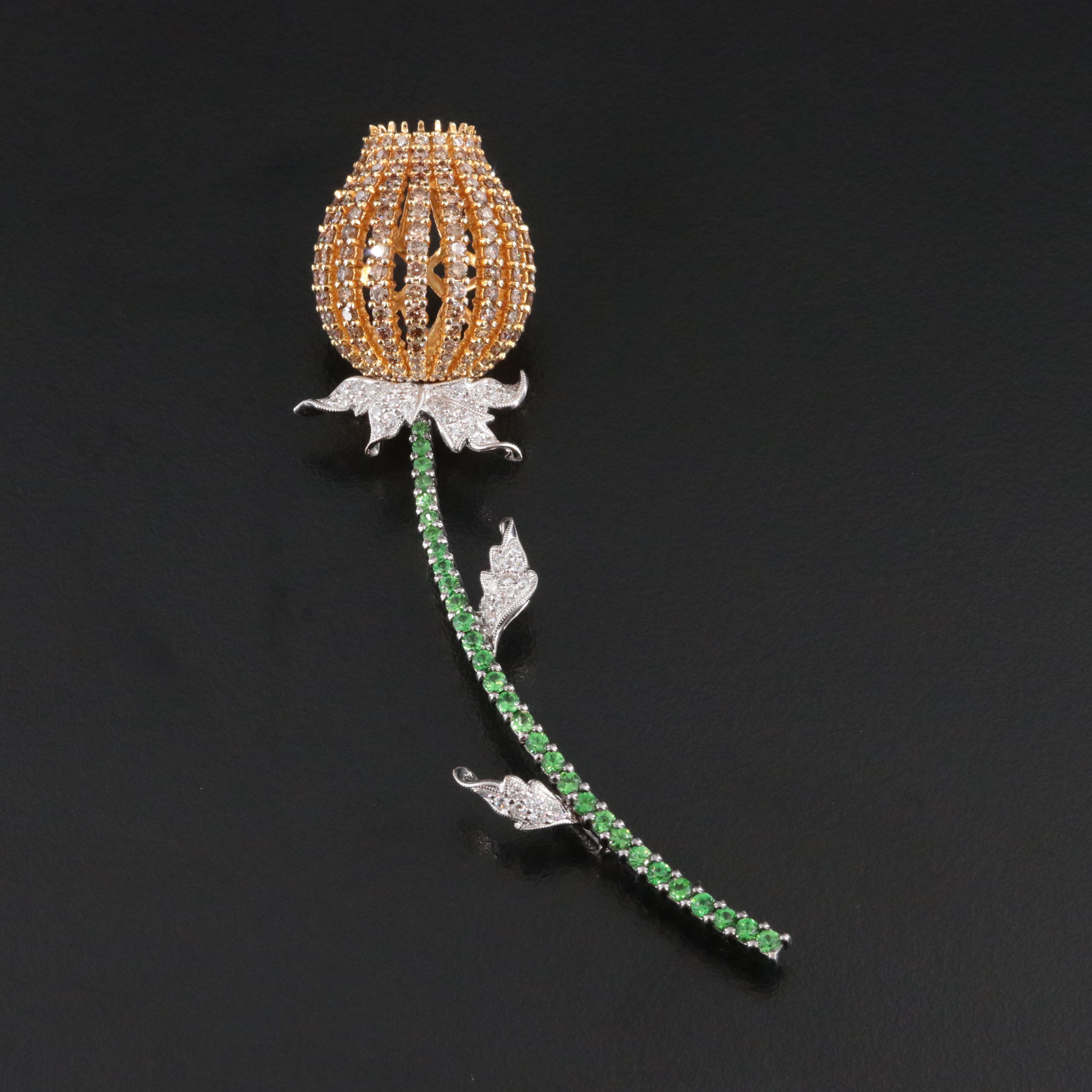 18K 2.05 CTW Diamond and Tsavorite Bud Brooch with Fancy Brown Diamonds