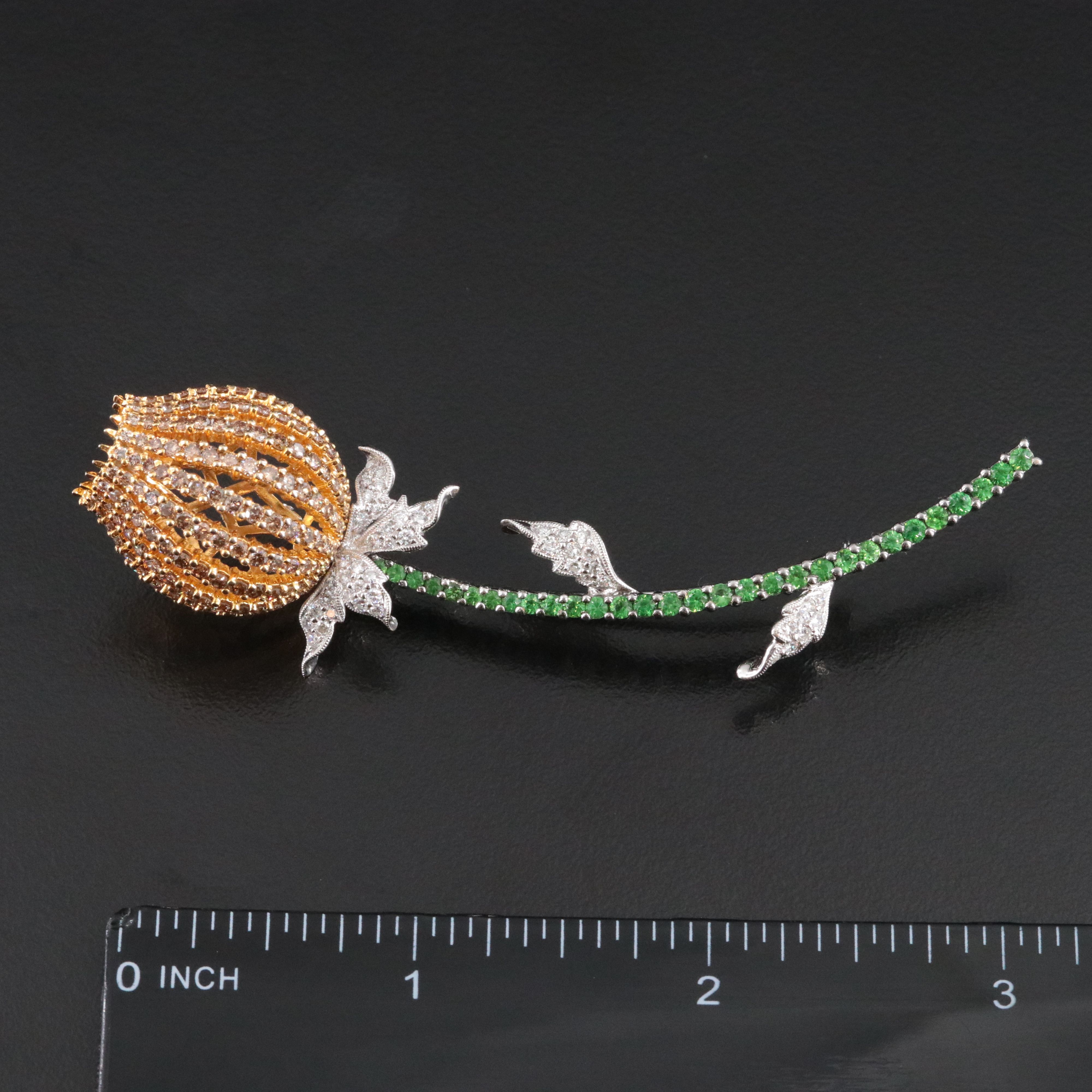 18K 2.05 CTW Diamond and Tsavorite Bud Brooch with Fancy Brown Diamonds
