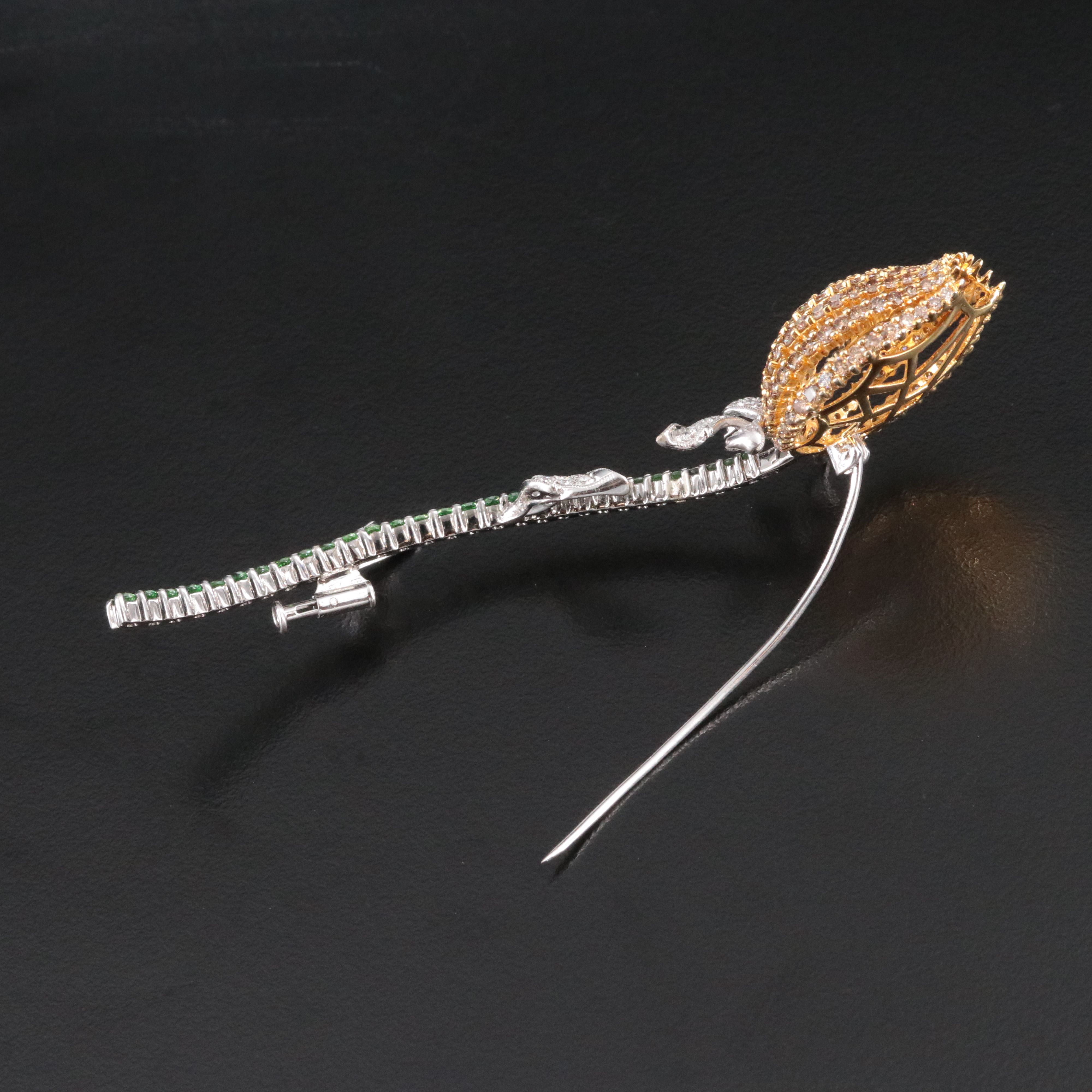 18K 2.05 CTW Diamond and Tsavorite Bud Brooch with Fancy Brown Diamonds