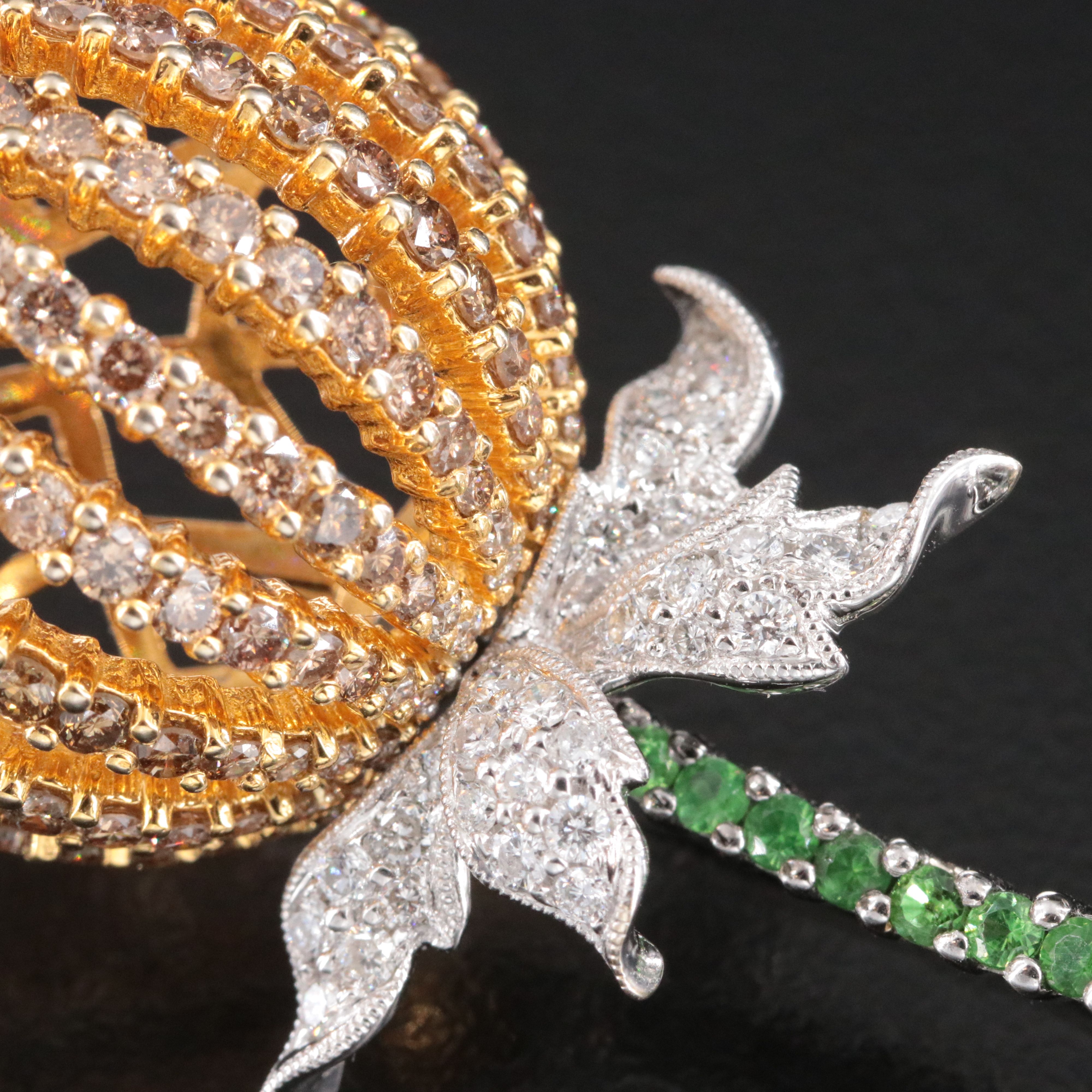18K 2.05 CTW Diamond and Tsavorite Bud Brooch with Fancy Brown Diamonds