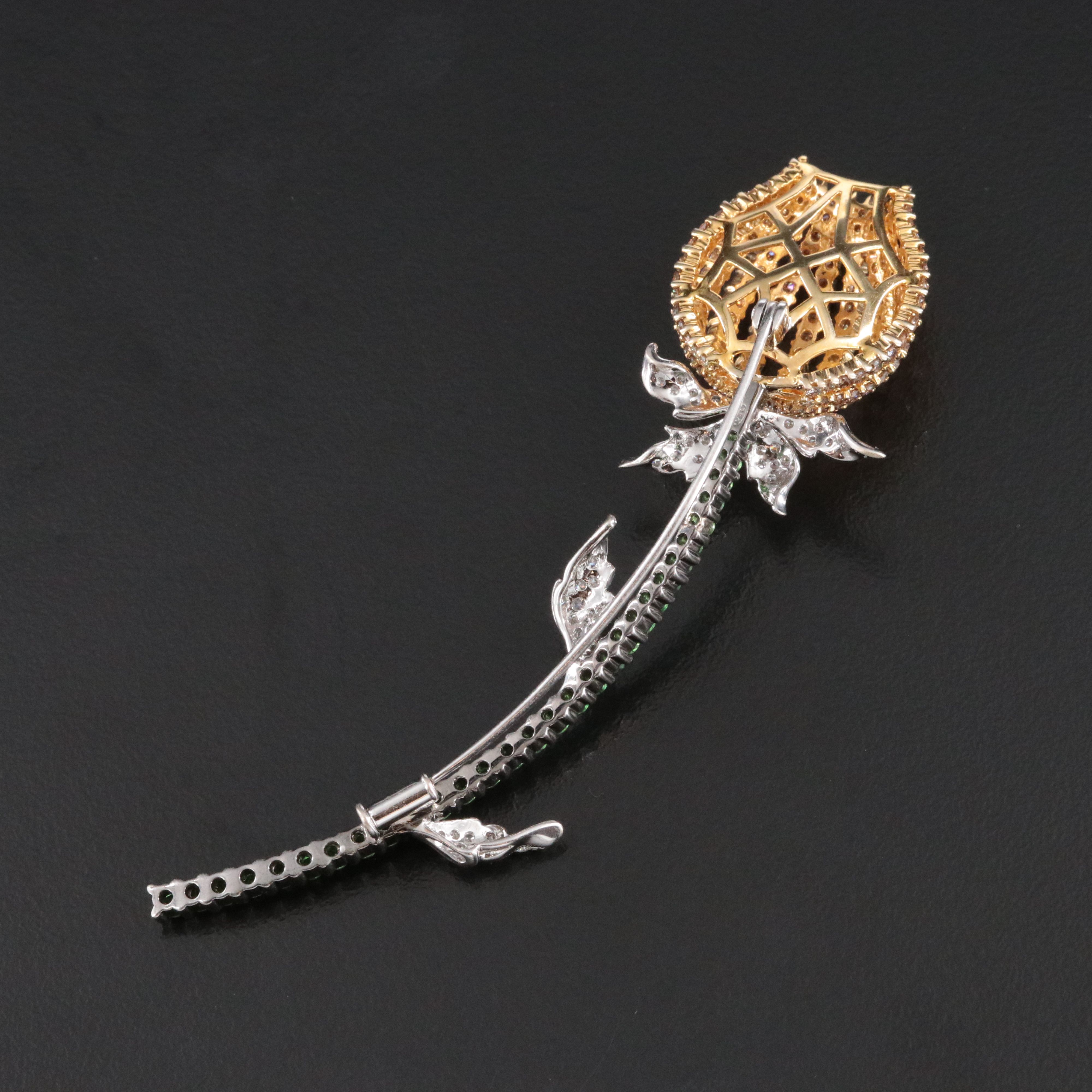 18K 2.05 CTW Diamond and Tsavorite Bud Brooch with Fancy Brown Diamonds