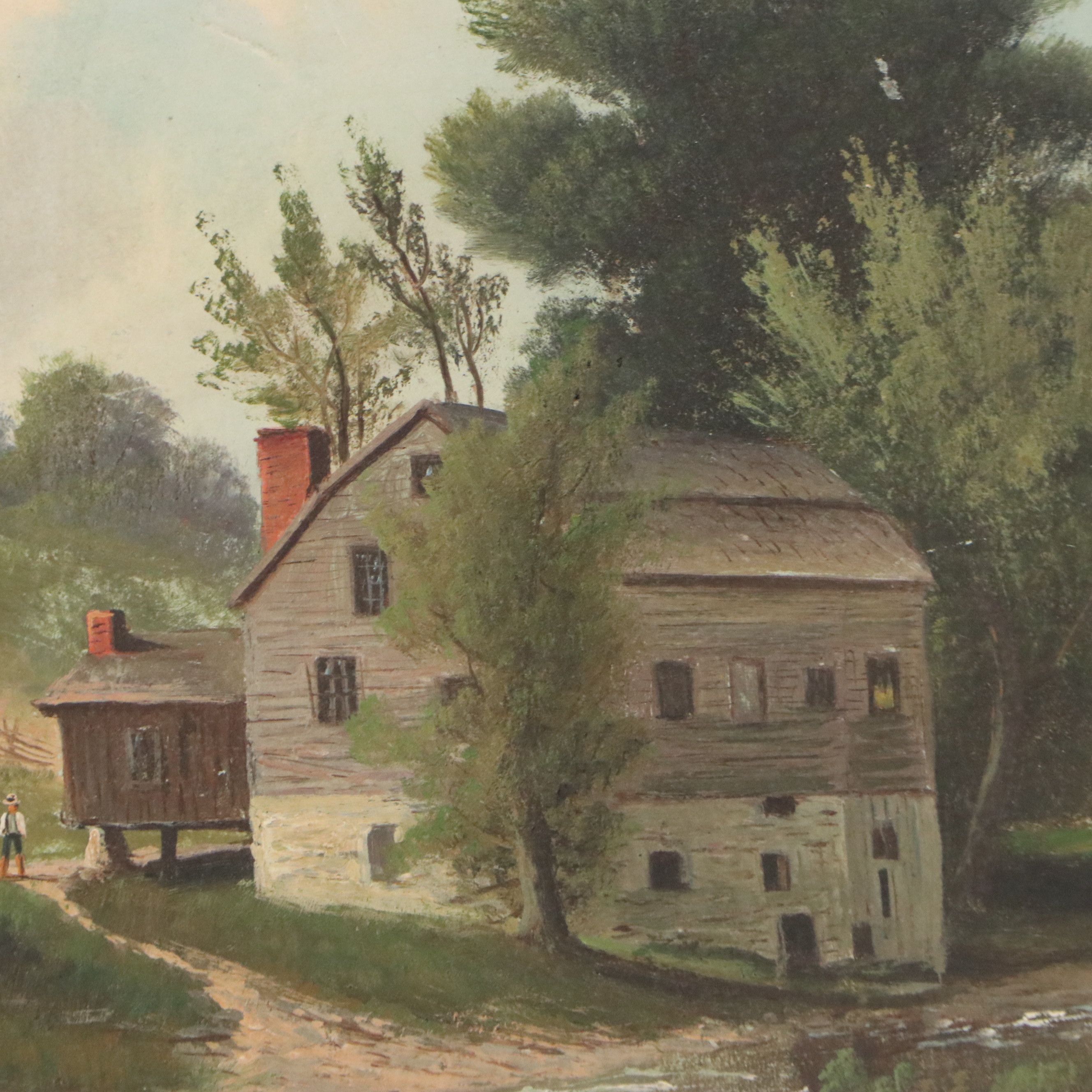 R. O. Smith Landscape Oil Painting of Mill by Stream, Early 20th Century