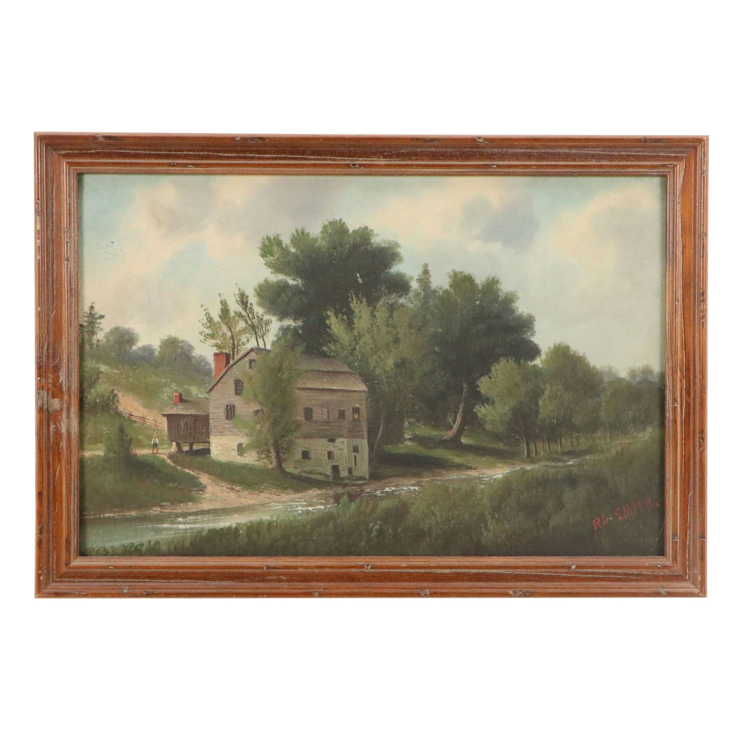 R. O. Smith Landscape Oil Painting of Mill by Stream, Early 20th Century