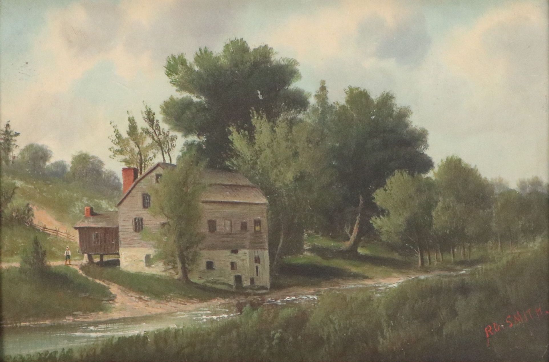 R. O. Smith Landscape Oil Painting of Mill by Stream, Early 20th Century