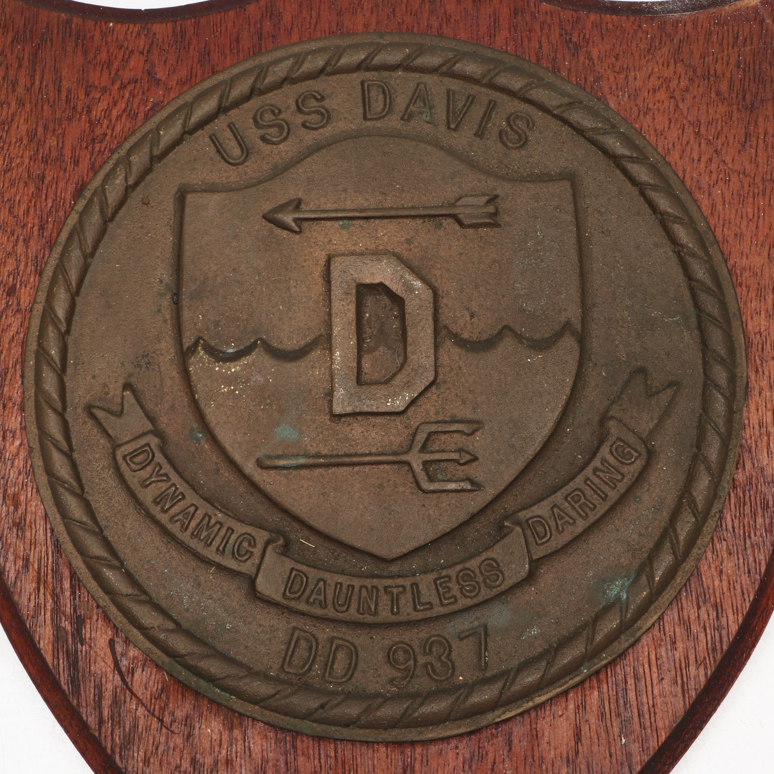 USS Davis Bronze and Wood Armorial Plaque