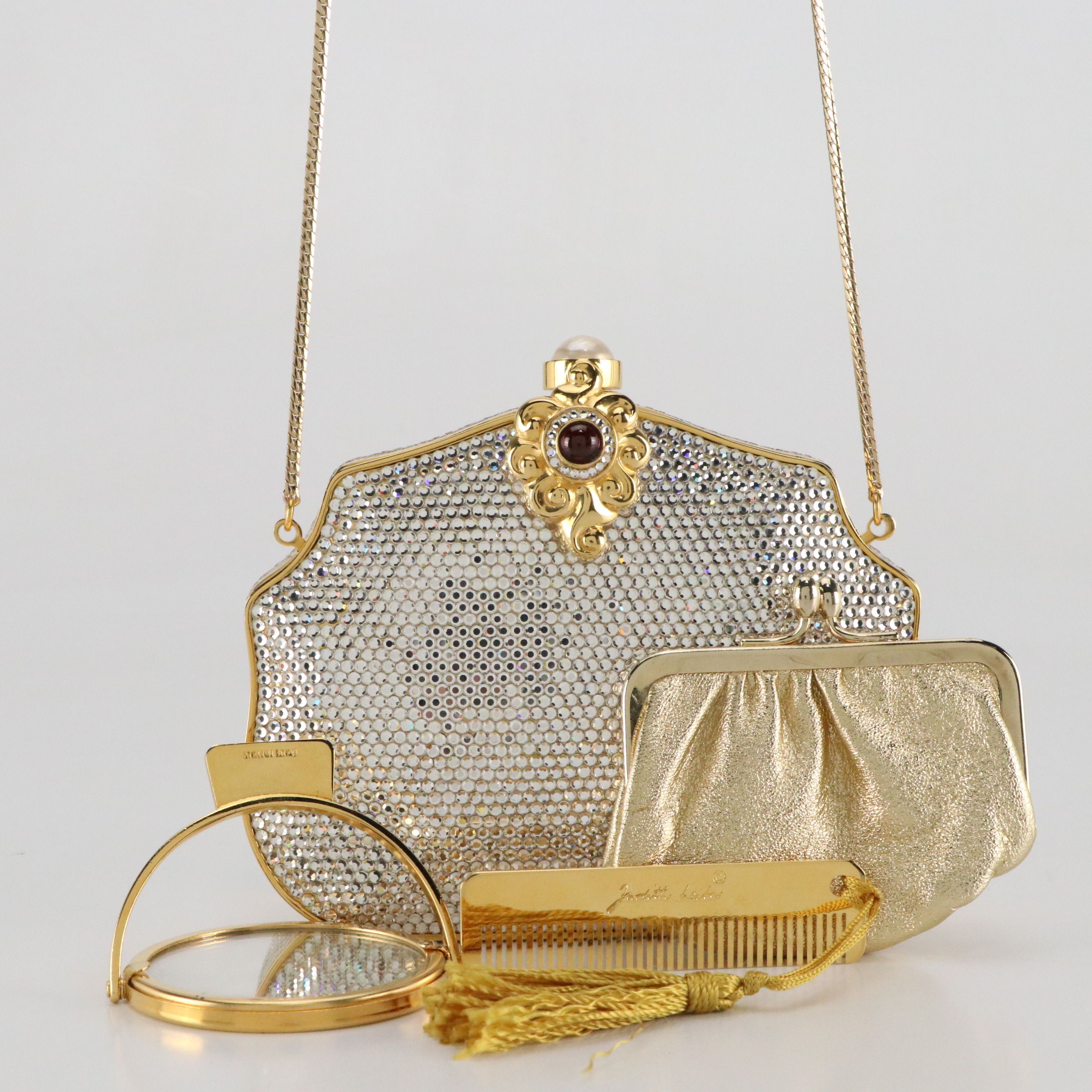 Judith Leiber Crystal Hard Case Evening Bag with Metal Comb and Compact Mirror