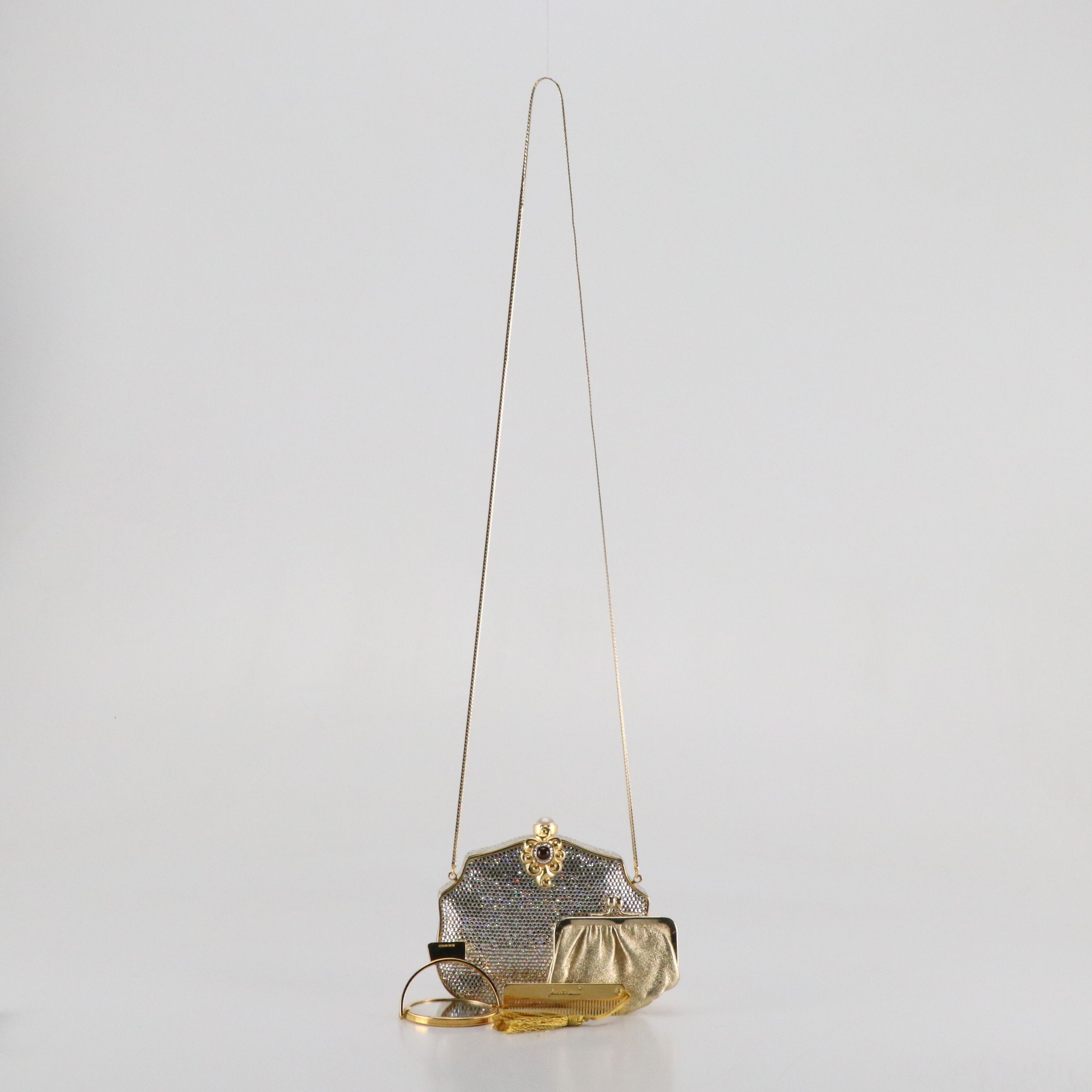 Judith Leiber Crystal Hard Case Evening Bag with Metal Comb and Compact Mirror