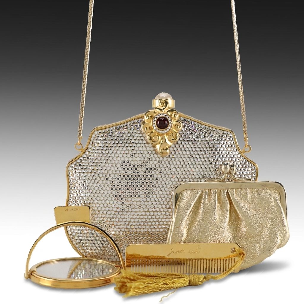Judith Leiber Crystal Hard Case Evening Bag with Metal Comb and Compact Mirror
