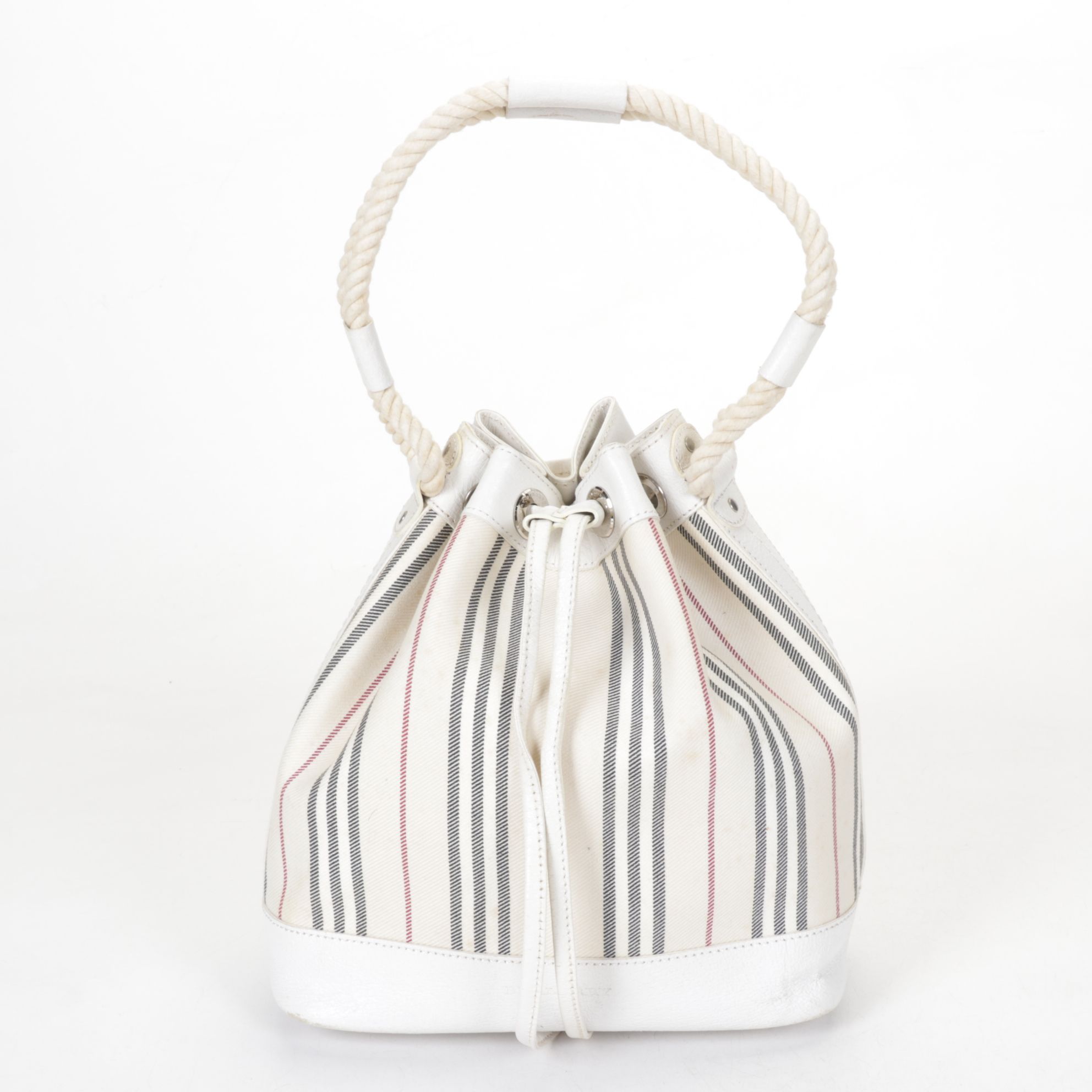 Burberry Drawstring Bucket Bag in White Canvas and Leather