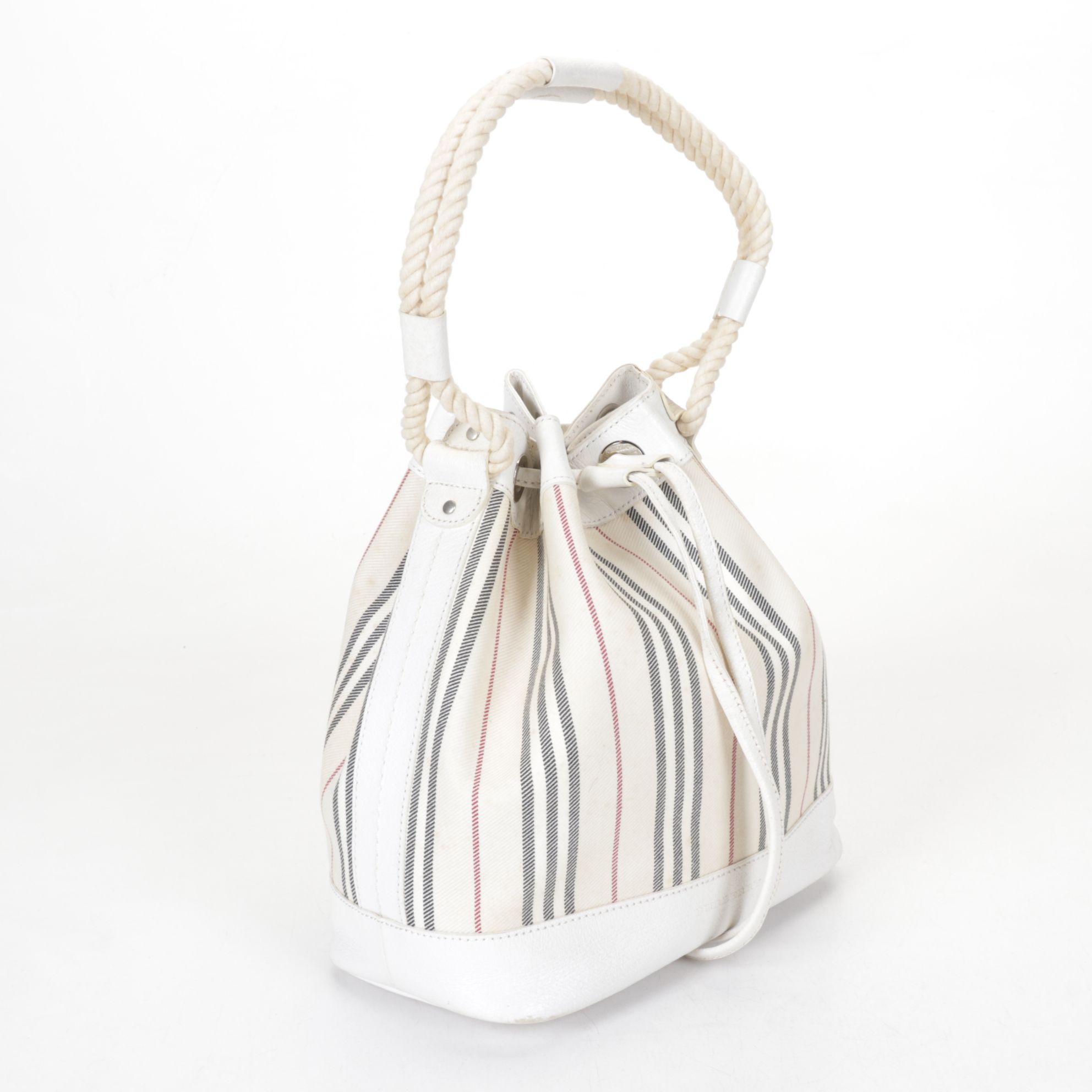 Burberry Drawstring Bucket Bag in White Canvas and Leather