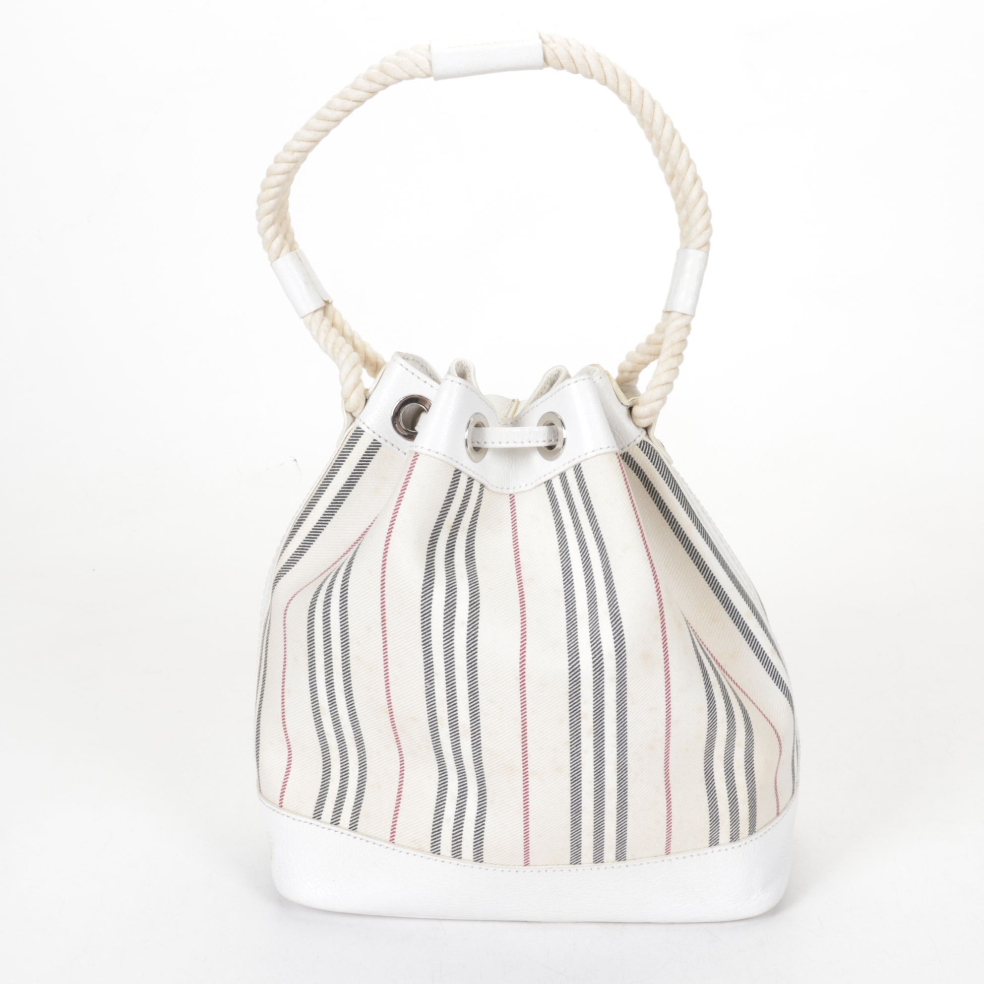Burberry Drawstring Bucket Bag in White Canvas and Leather