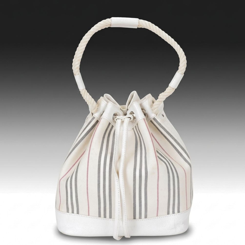 Burberry Drawstring Bucket Bag in White Canvas and Leather
