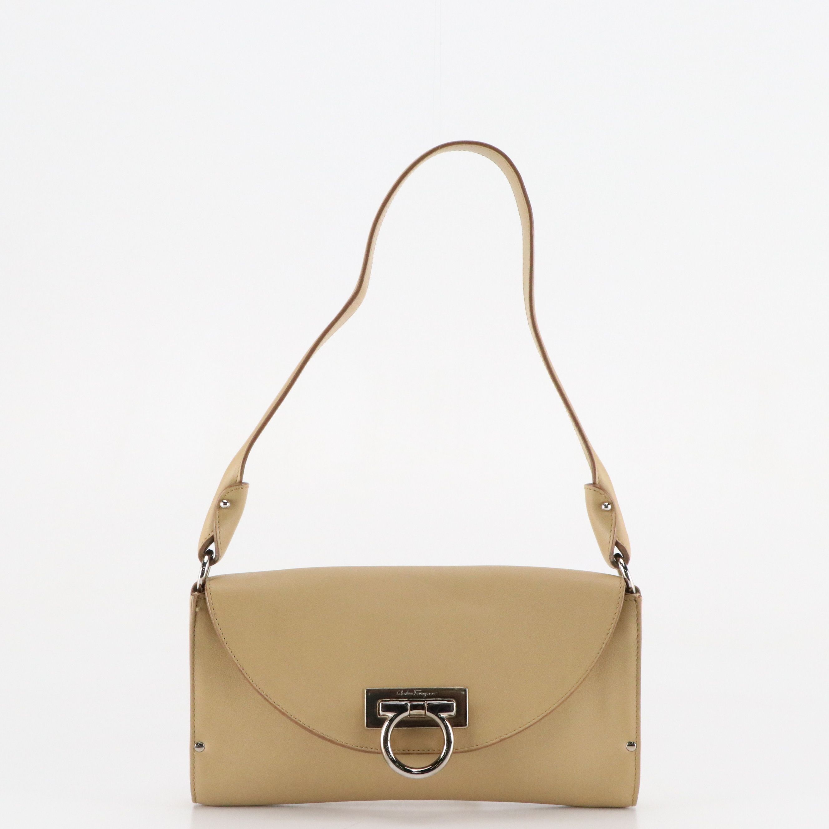 Salvatore Ferragamo Small Gancini Flap Shoulder Bag in Beige Calfskin Leather