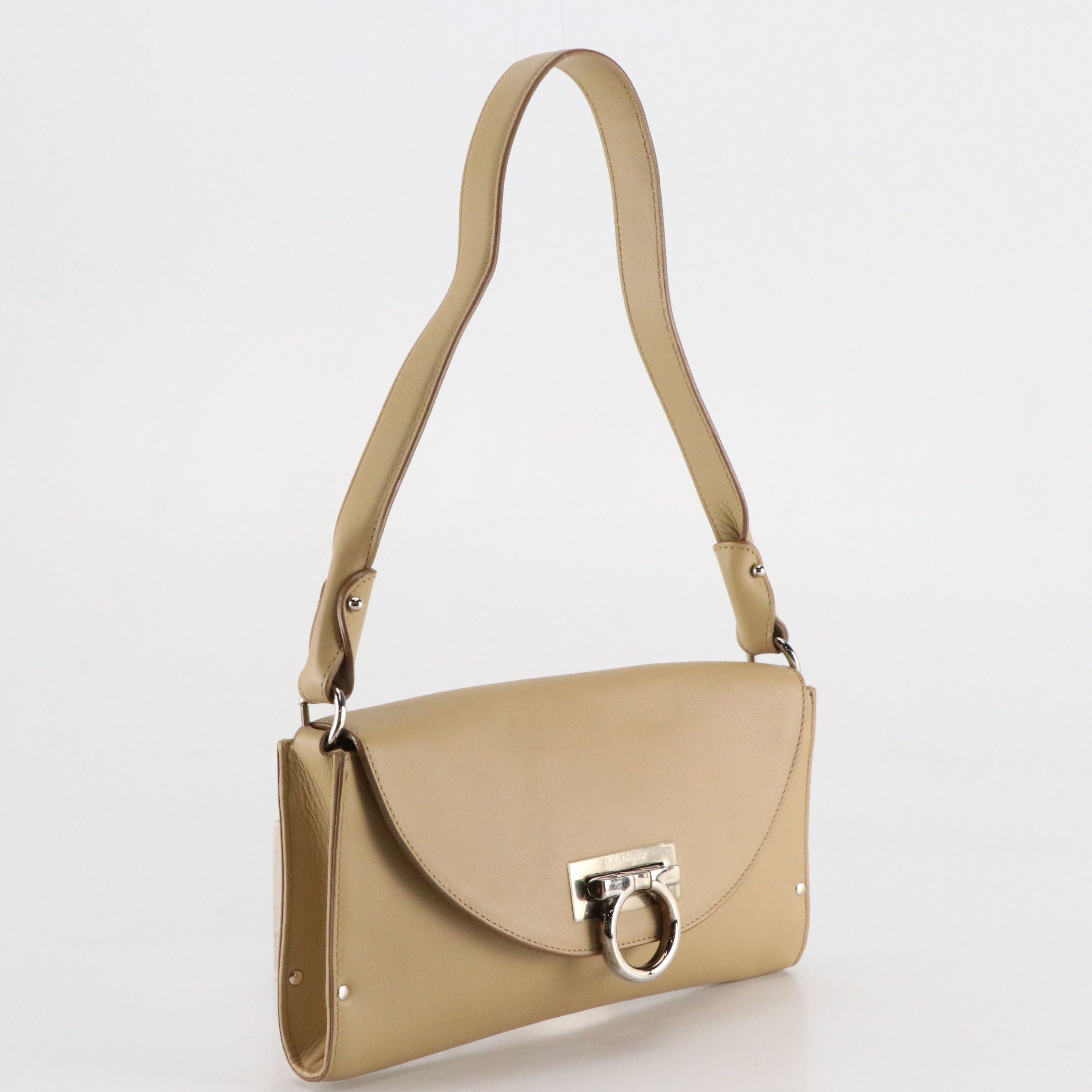 Salvatore Ferragamo Small Gancini Flap Shoulder Bag in Beige Calfskin Leather