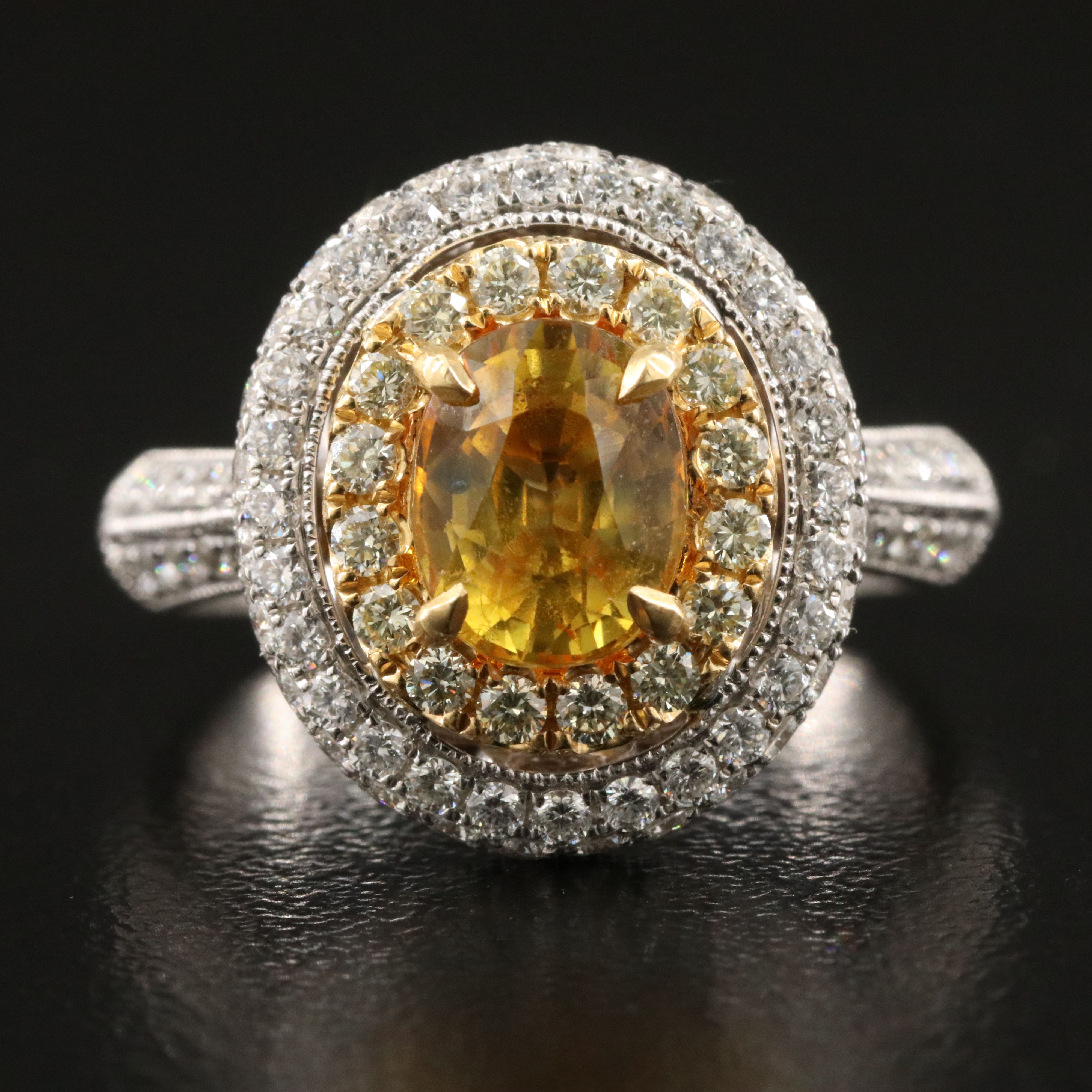 18K Yellow Sapphire & 1.06 CTW Diamond Double Halo Ring with GIA Report