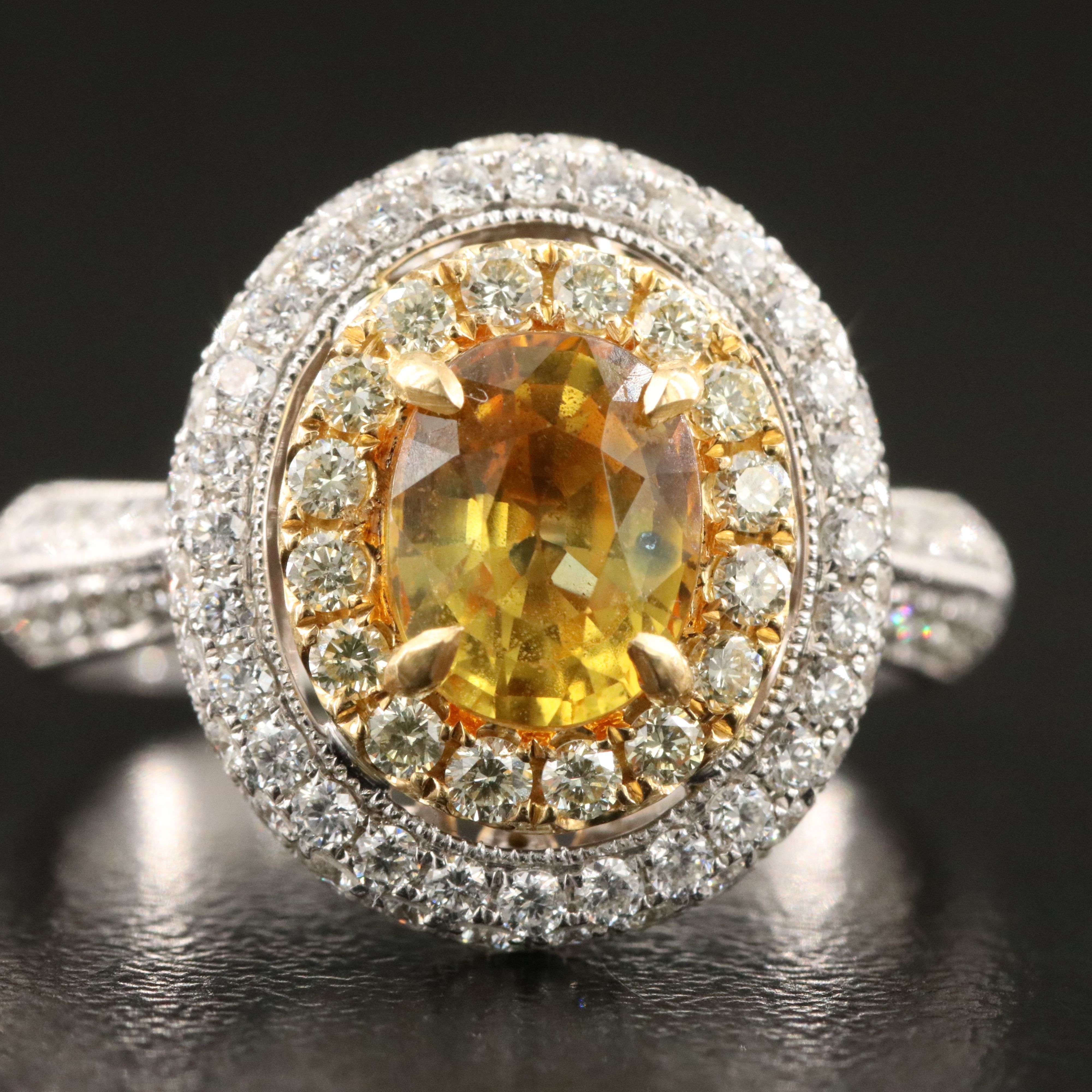 18K Yellow Sapphire & 1.06 CTW Diamond Double Halo Ring with GIA Report