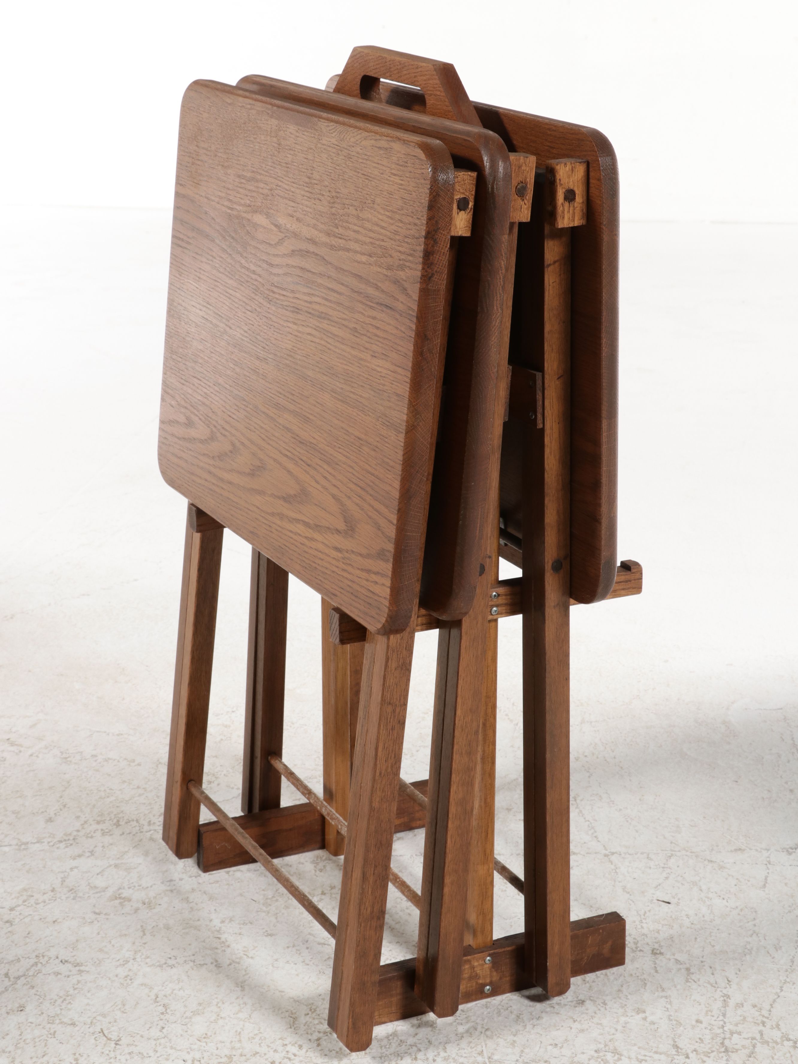 Oak Folding Snack Table Set with Stand, Mid-20th Century