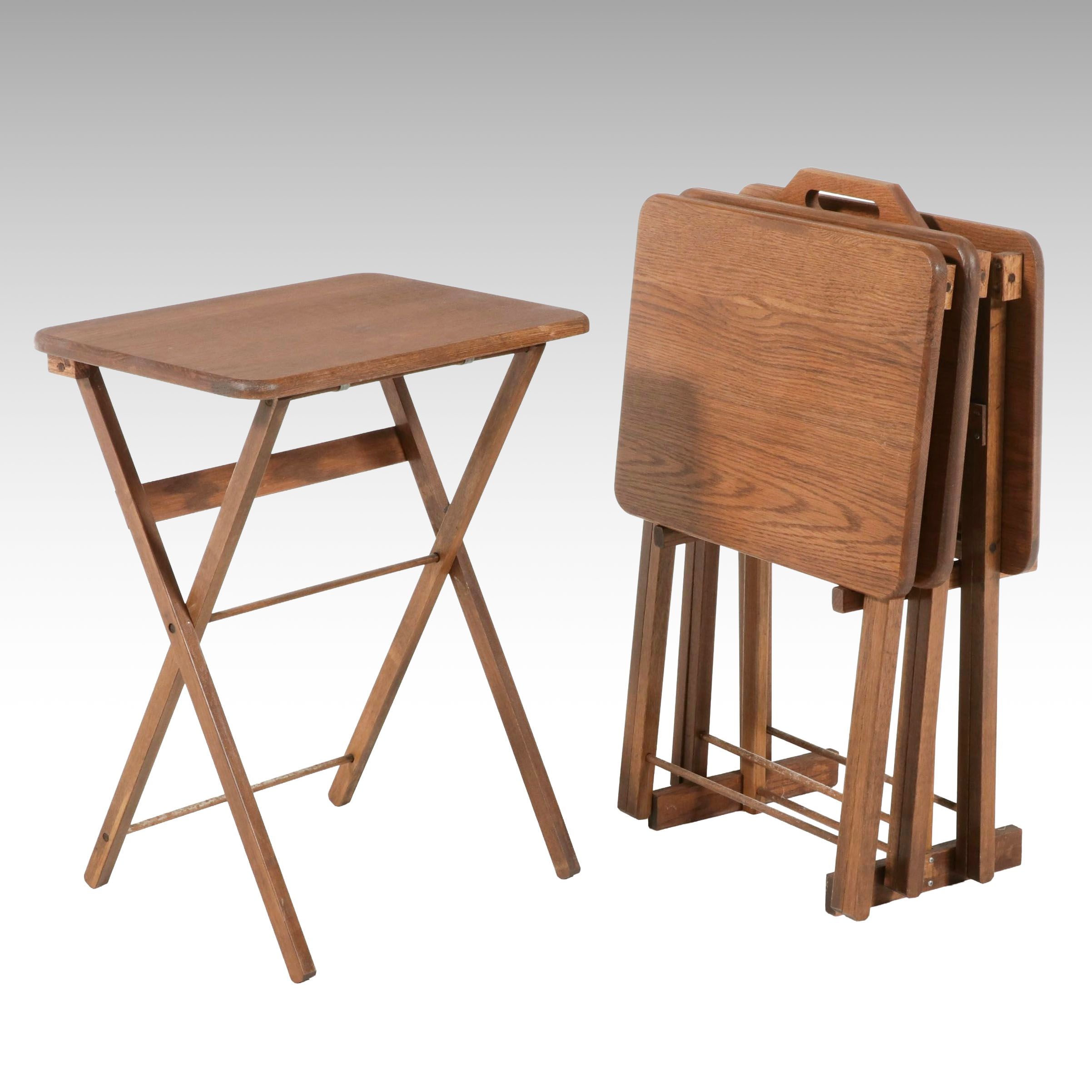 Oak Folding Snack Table Set with Stand, Mid-20th Century