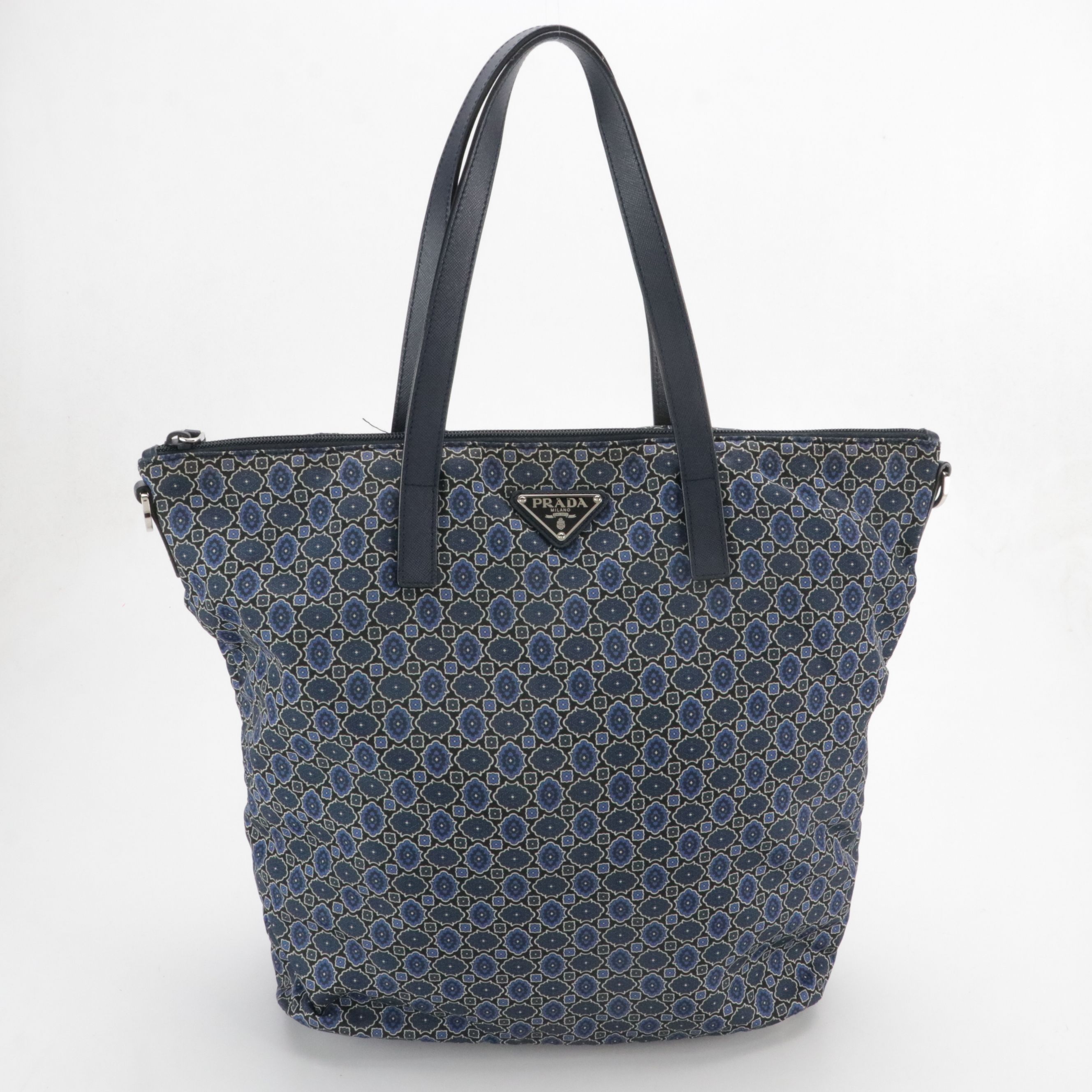 Prada Printed Tessuto Nylon and Navy Blue Saffiano Leather Two-Way Tote Bag
