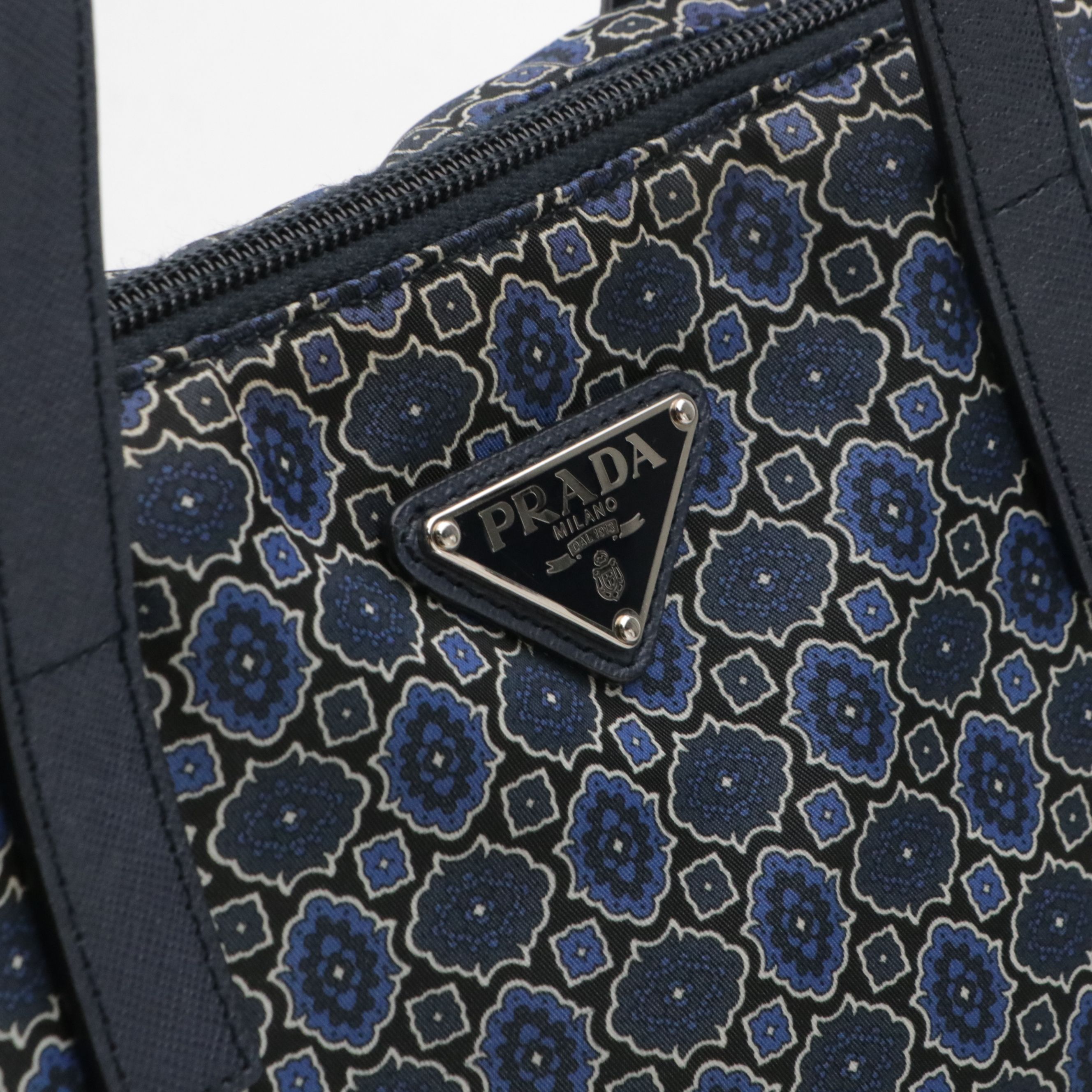 Prada Printed Tessuto Nylon and Navy Blue Saffiano Leather Two-Way Tote Bag
