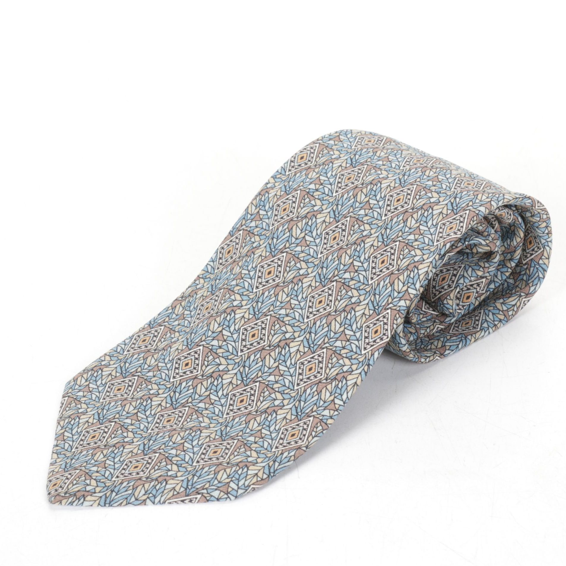 Christian Dior Monsieur Silk Neck Tie in Blue and Beige Geometric Pattern