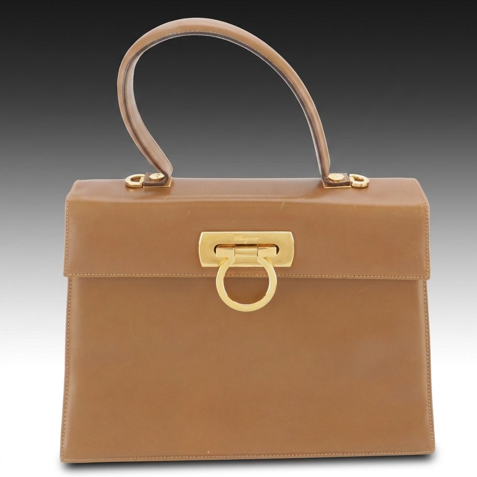Salvatore Ferragamo Gancini Flap Top Handle Two-Way Bag in Mocha Brown Leather