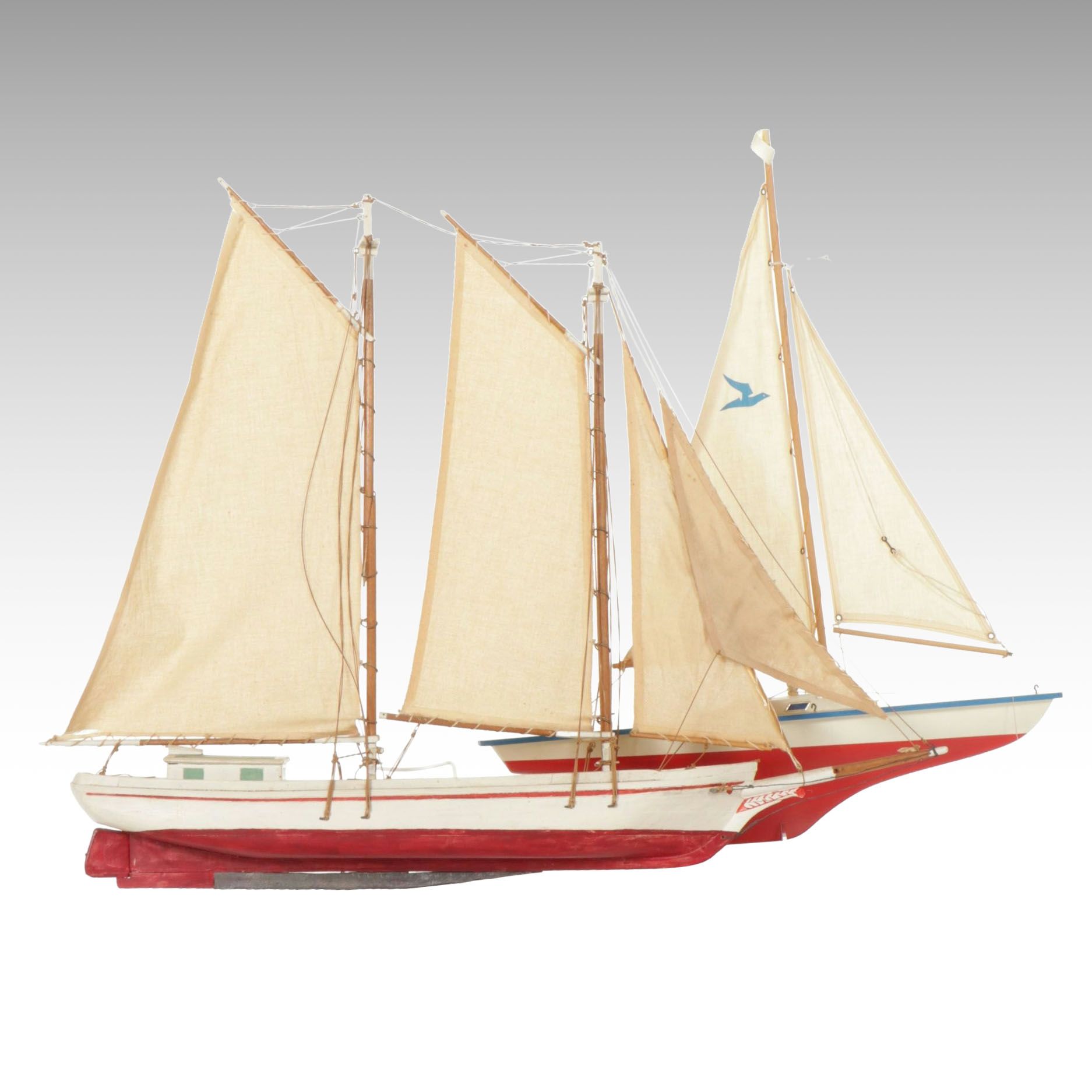 Handcrafted Wooden Model Sail Boats, Mid-20th Century