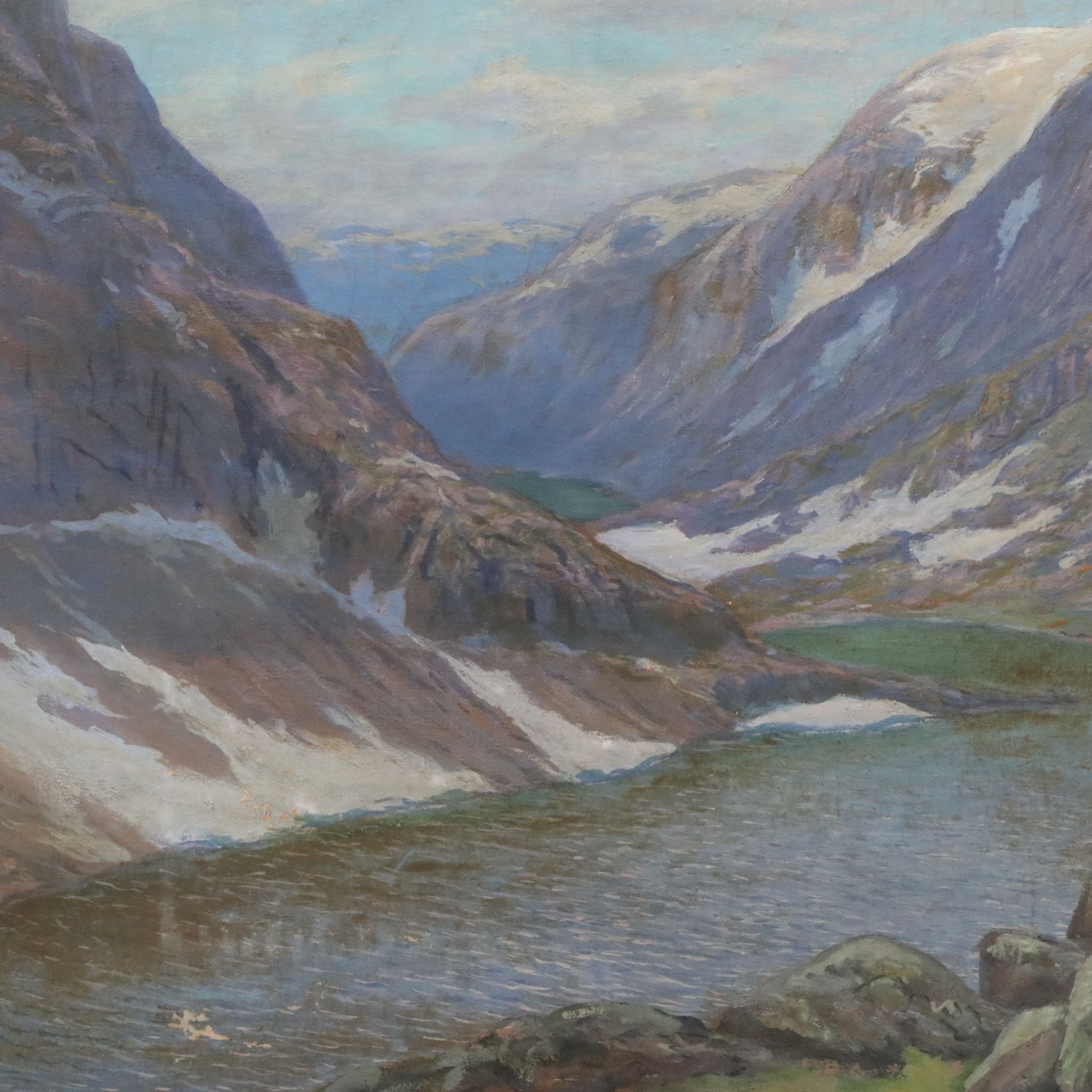 Scandinavian School Mountain Lake Landscape Oil Painting