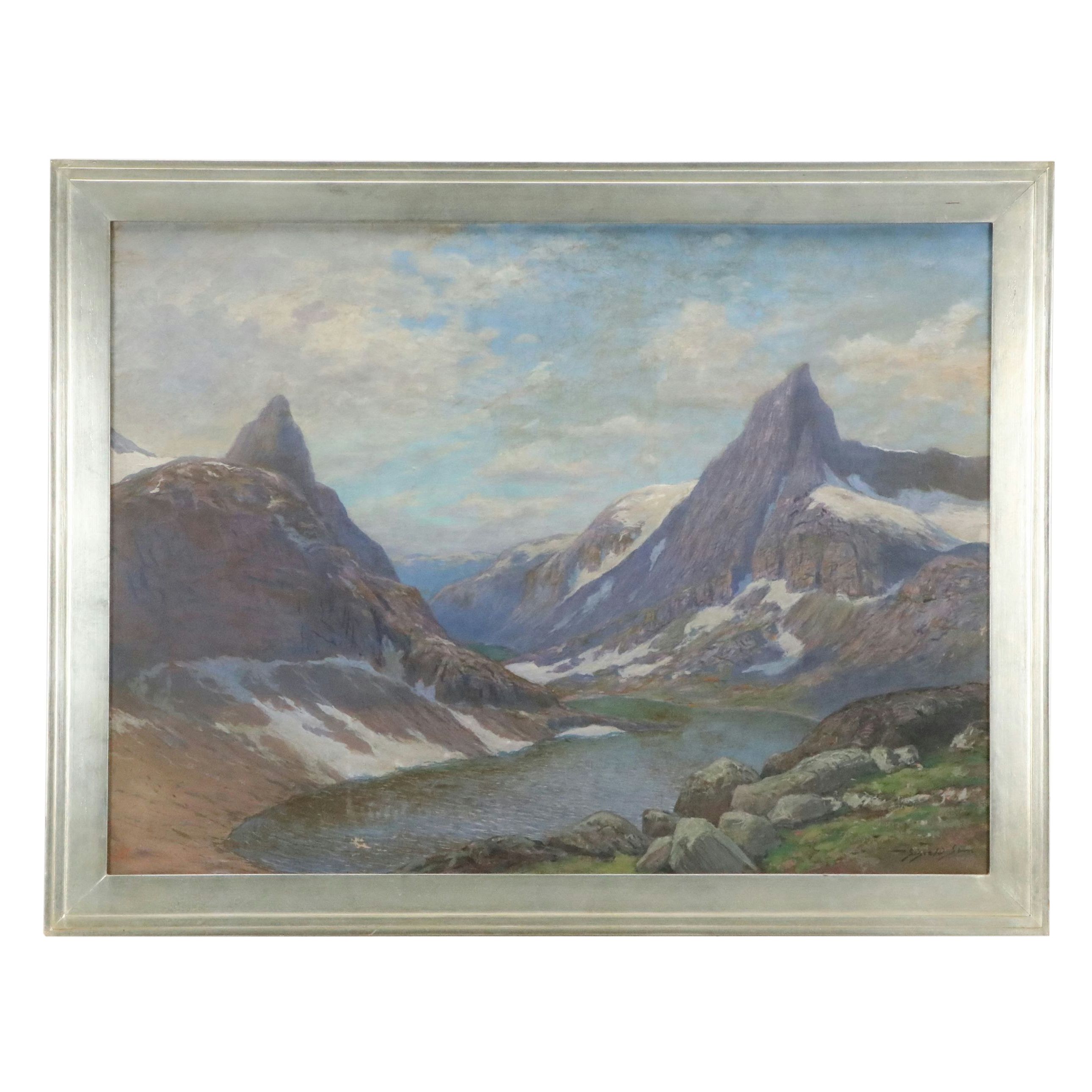 Scandinavian School Mountain Lake Landscape Oil Painting