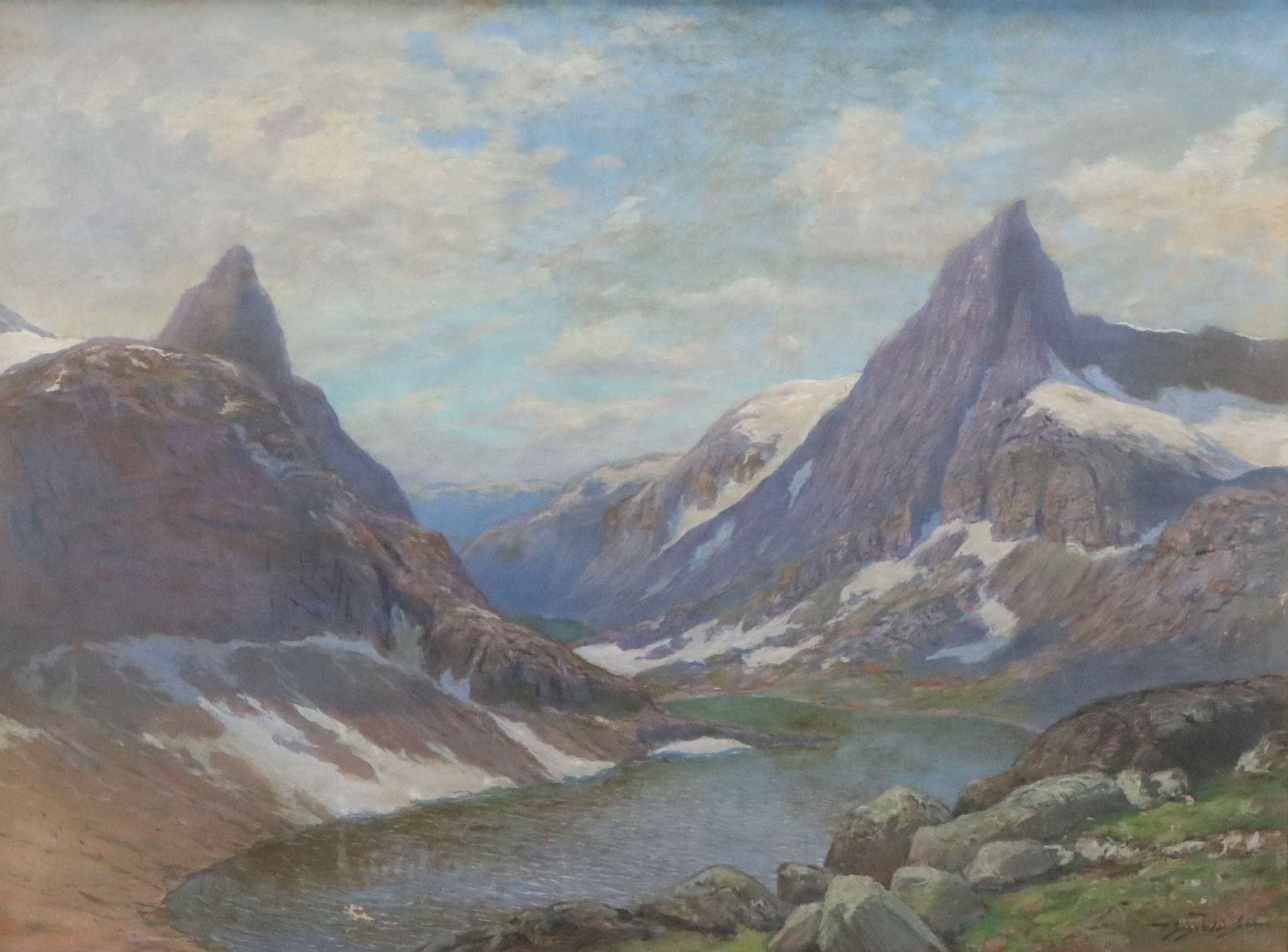 Scandinavian School Mountain Lake Landscape Oil Painting