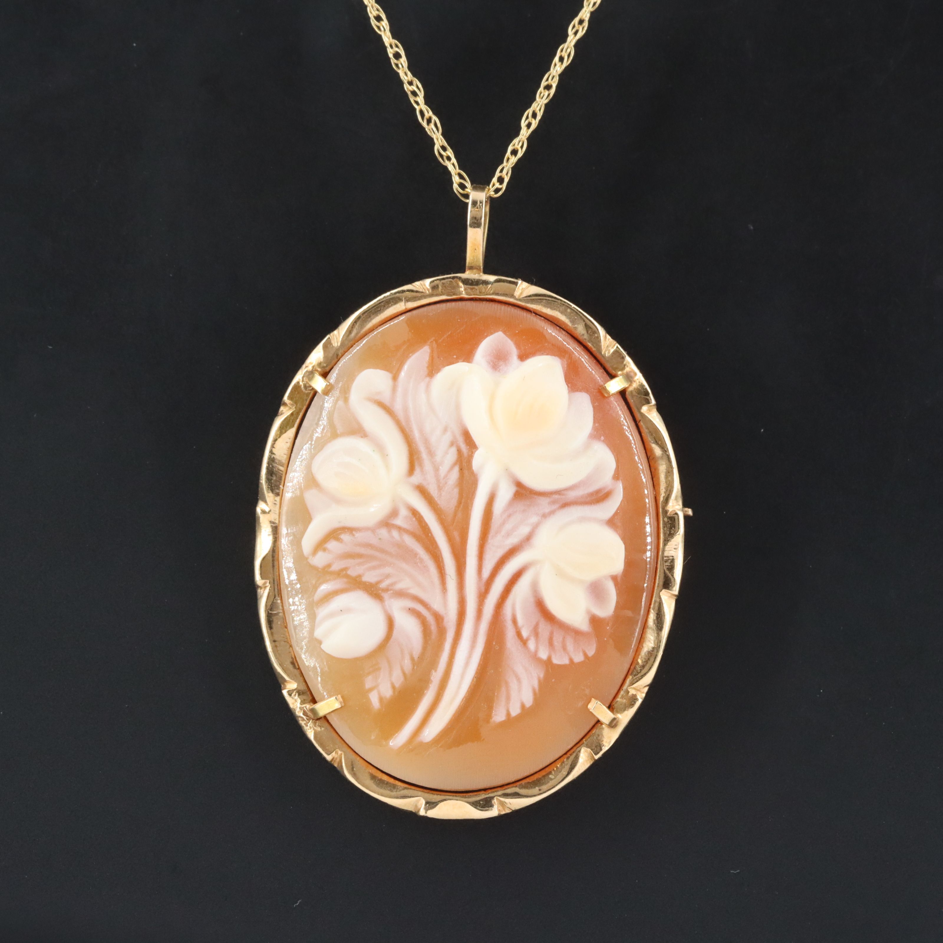 14K Shell Flower Cameo Converter Brooch Necklace