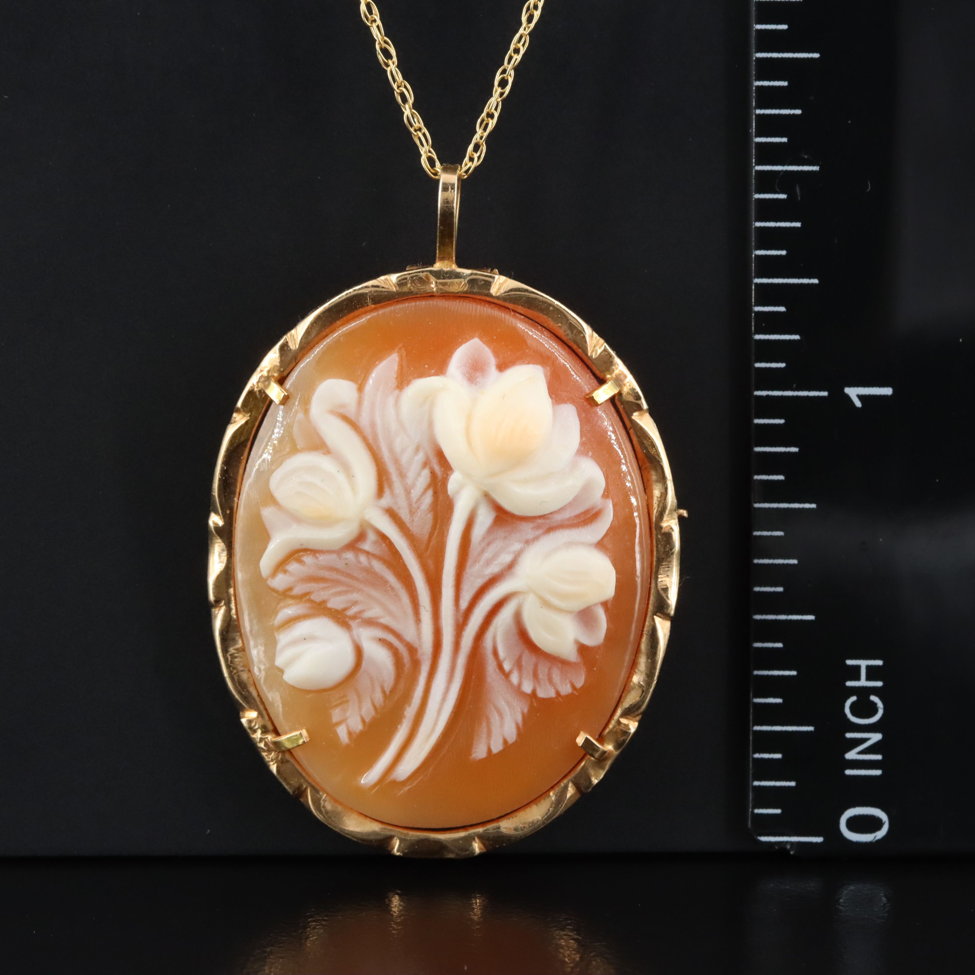 14K Shell Flower Cameo Converter Brooch Necklace