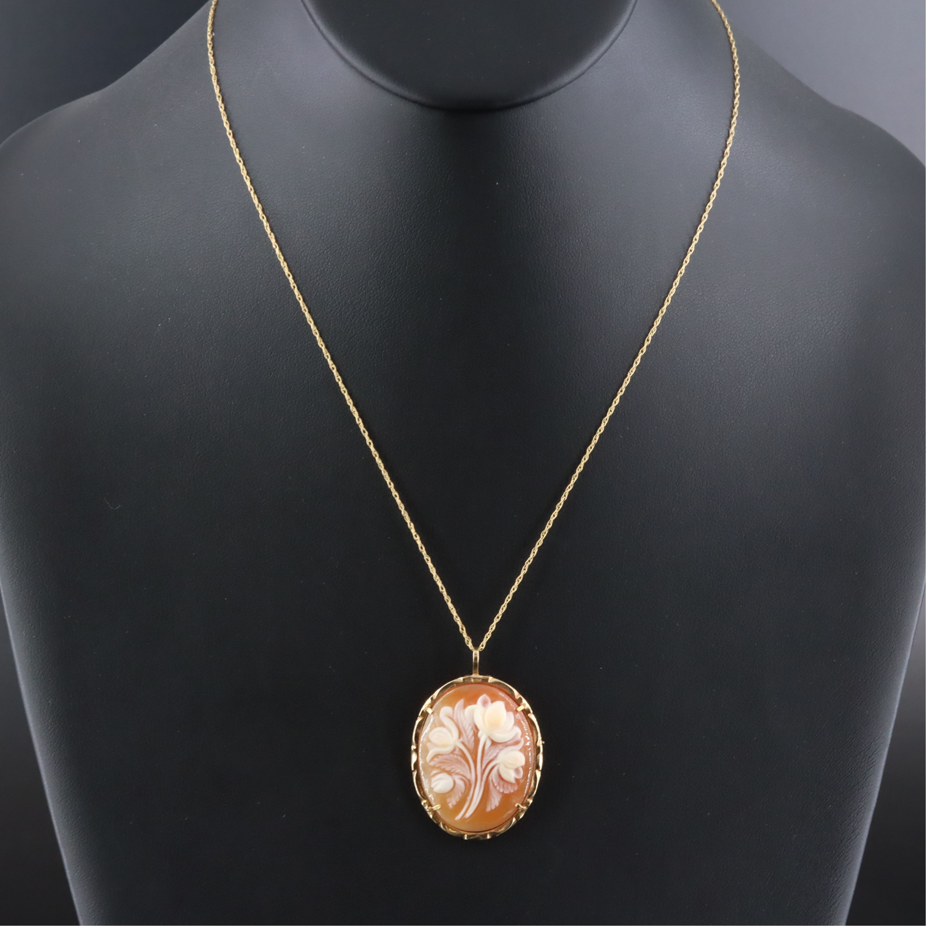 14K Shell Flower Cameo Converter Brooch Necklace