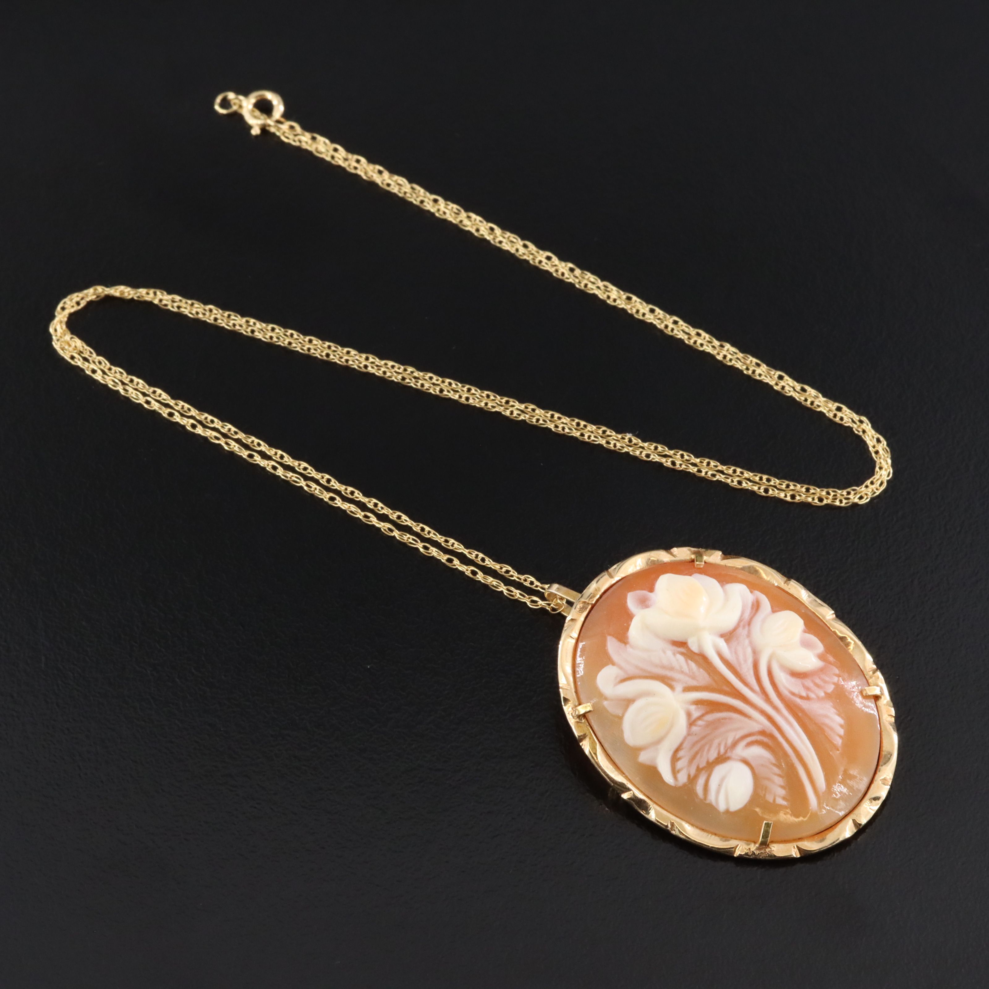 14K Shell Flower Cameo Converter Brooch Necklace