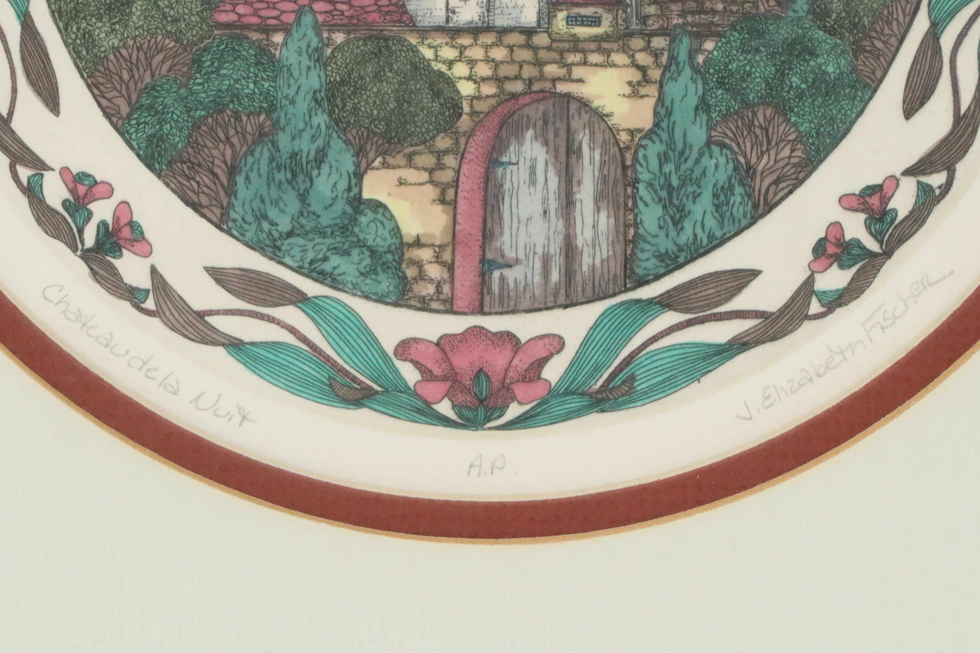 J. Elizabeth Fischer Color Etching "Château de la Nuit," Late 20th Century