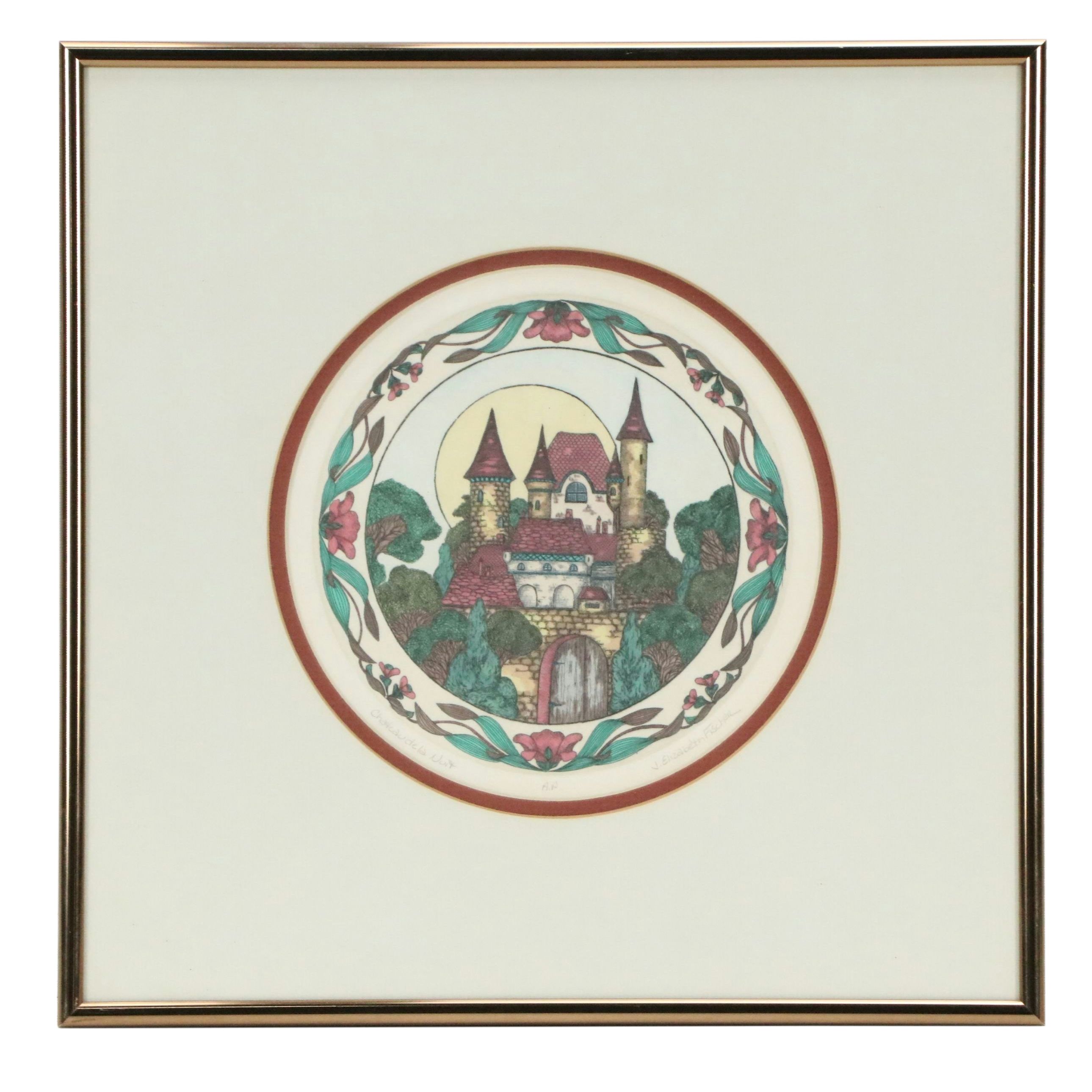 J. Elizabeth Fischer Color Etching "Château de la Nuit," Late 20th Century