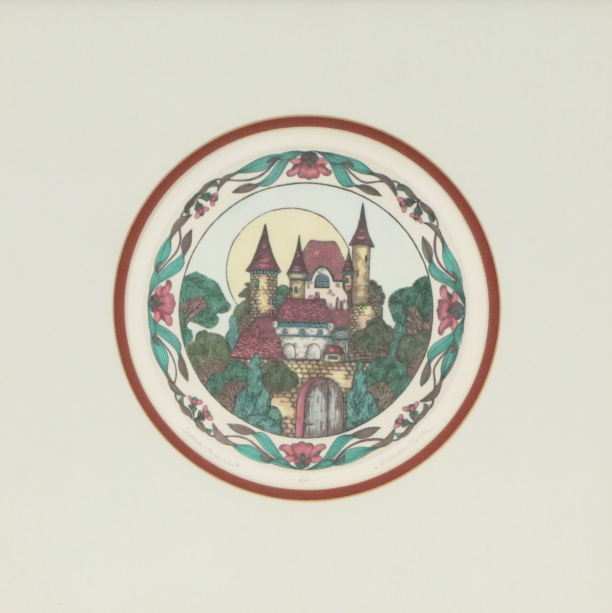 J. Elizabeth Fischer Color Etching "Château de la Nuit," Late 20th Century