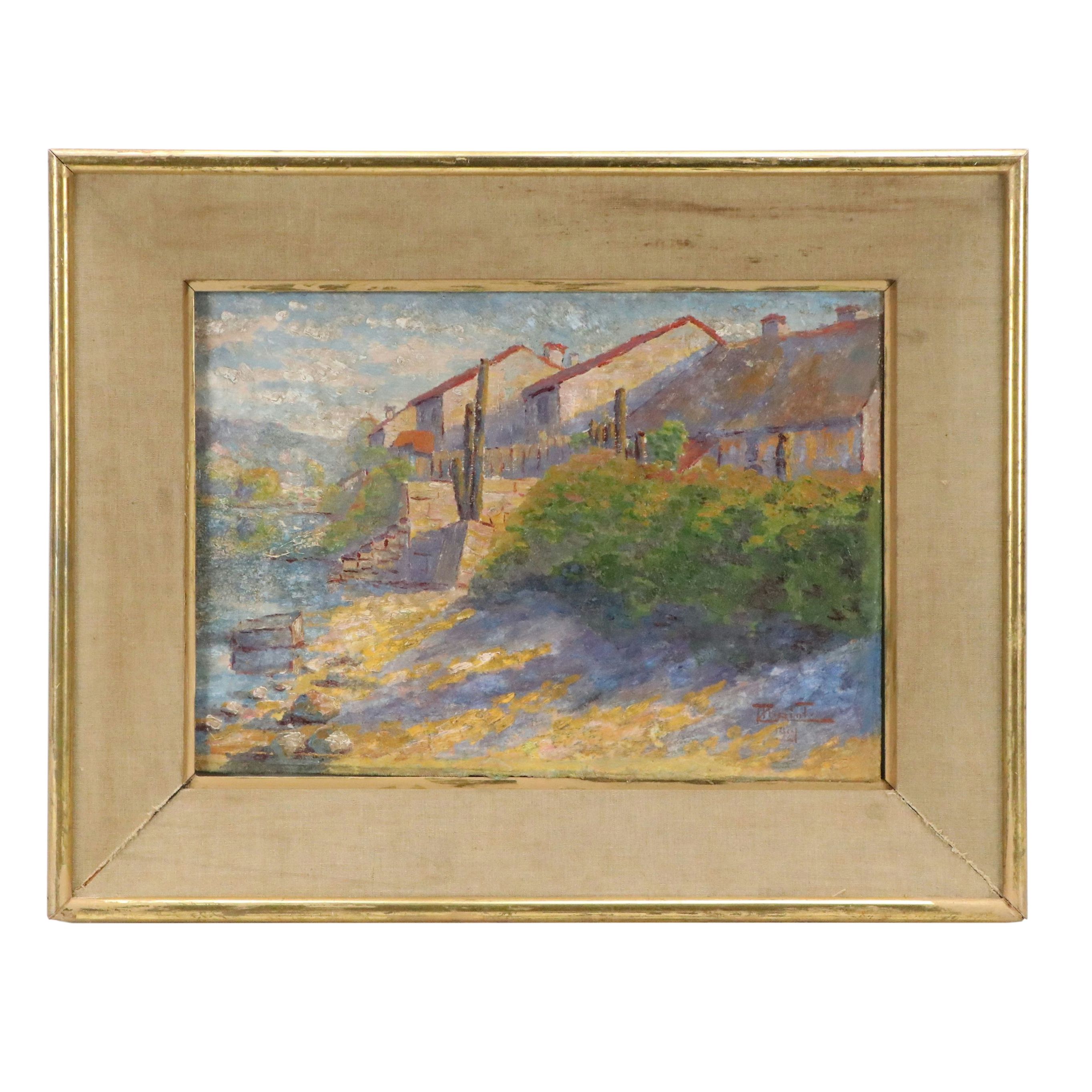 French School Rustic Landscape Oil Painting, 1921