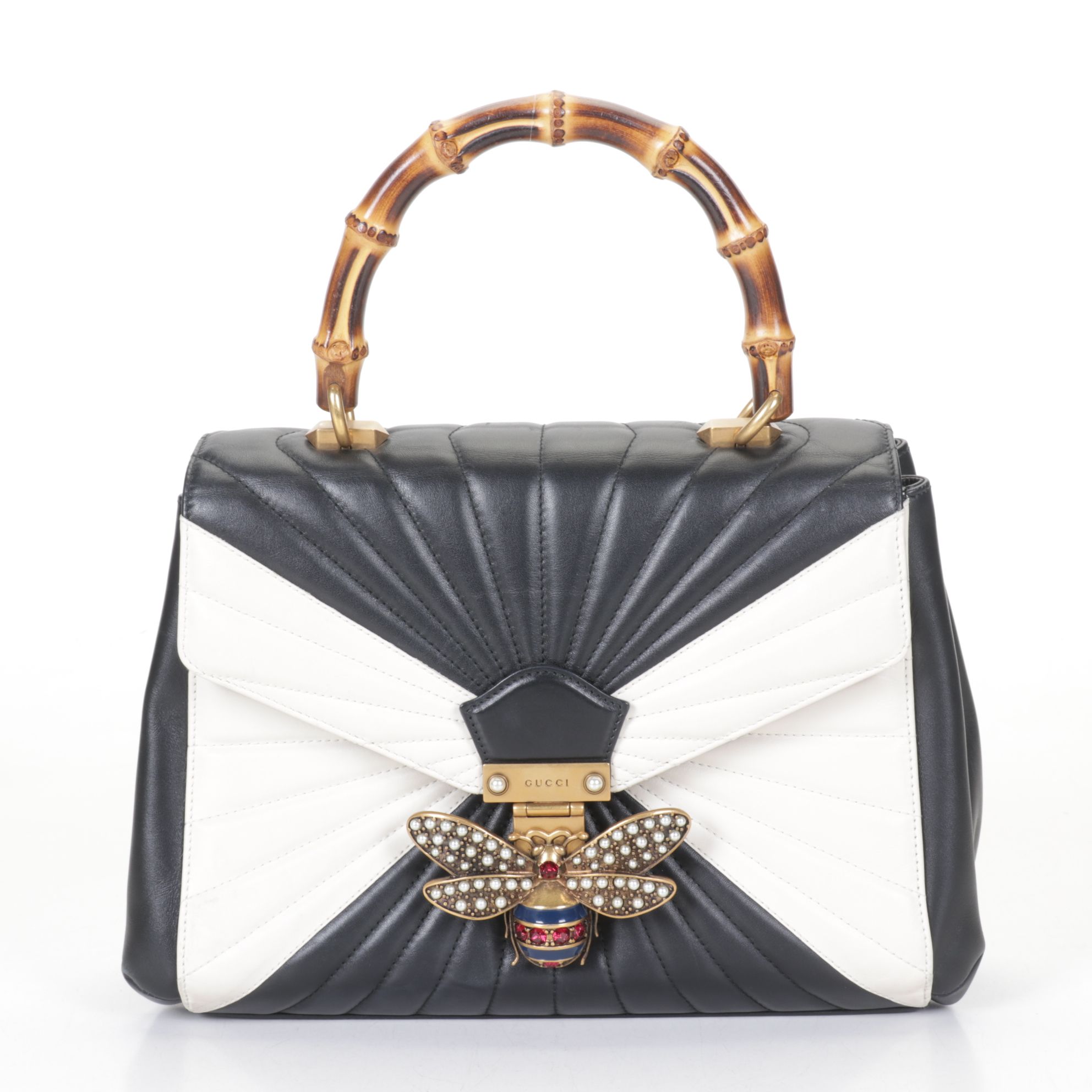 Gucci Queen Margaret Leather Bamboo Top Handle 2-Way Bag with Bee Embellishment