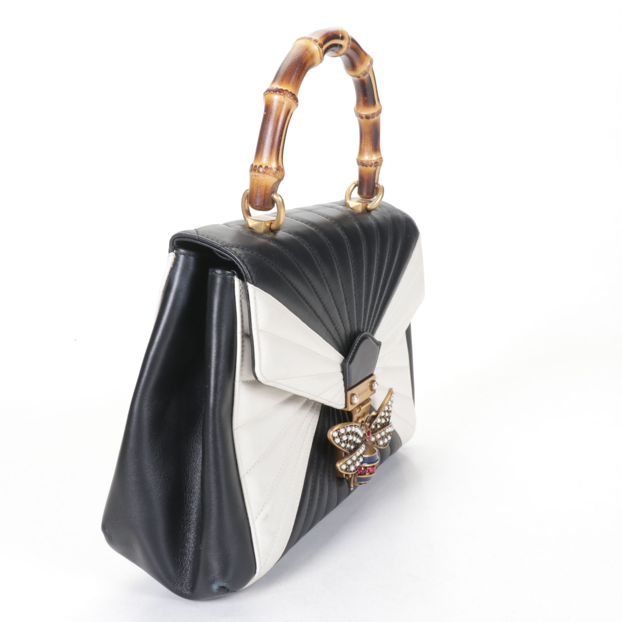 Gucci Queen Margaret Leather Bamboo Top Handle 2-Way Bag with Bee Embellishment
